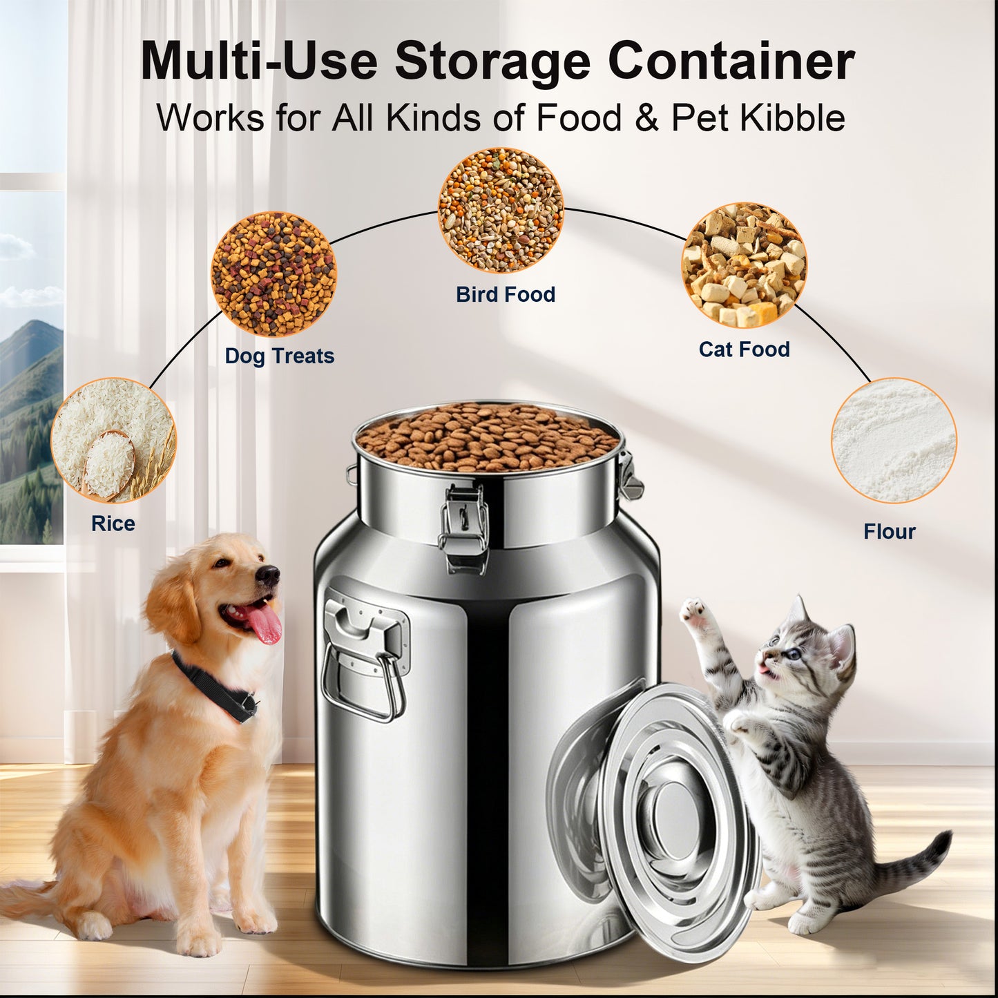 Newget Metal Stainless Steel Dog Food Storage Container with Airtight Hangable Lid, Large: 21-lb