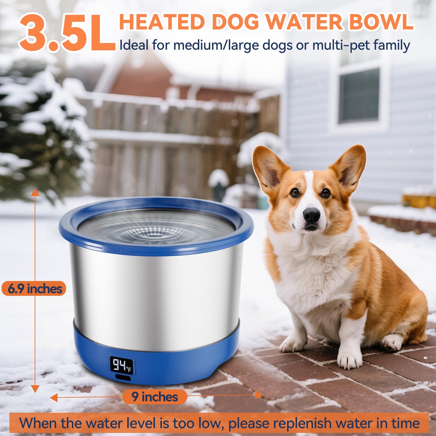 3.5L Heated Water Bowl, Stainless Steel Heated Dog Bowl with Digital Display and Adjustable Temperature, Heated Slow Drinking Feeder Provides Warm Water for Outdoor Dogs
