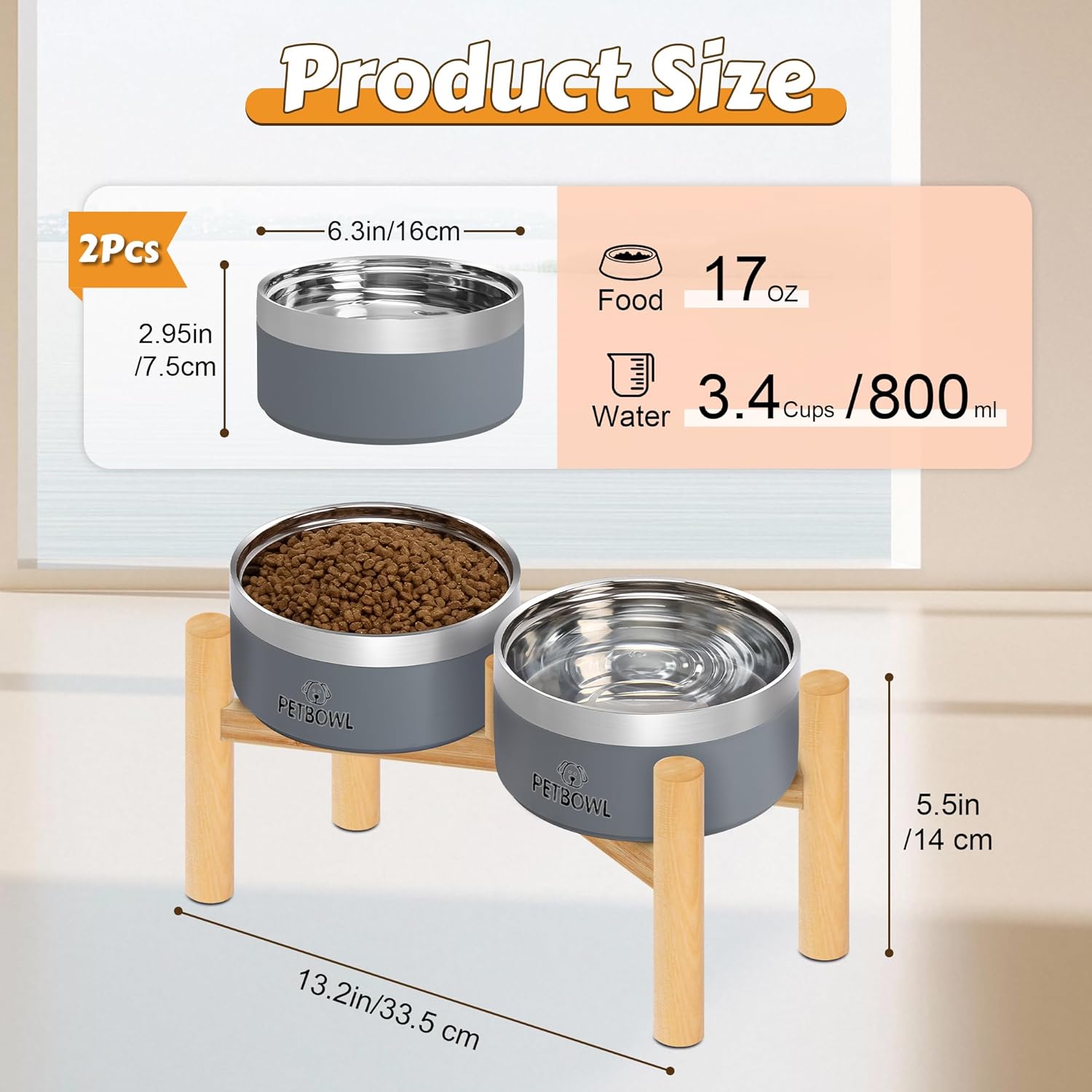 UPSKY Elevated Dog Bowls – 27oz Stainless Steel Anti-Spill Set with Wooden Stand, Double Raised Bowls for Small/Medium Dogs to Reduce Neck Strain & Improve Digestion