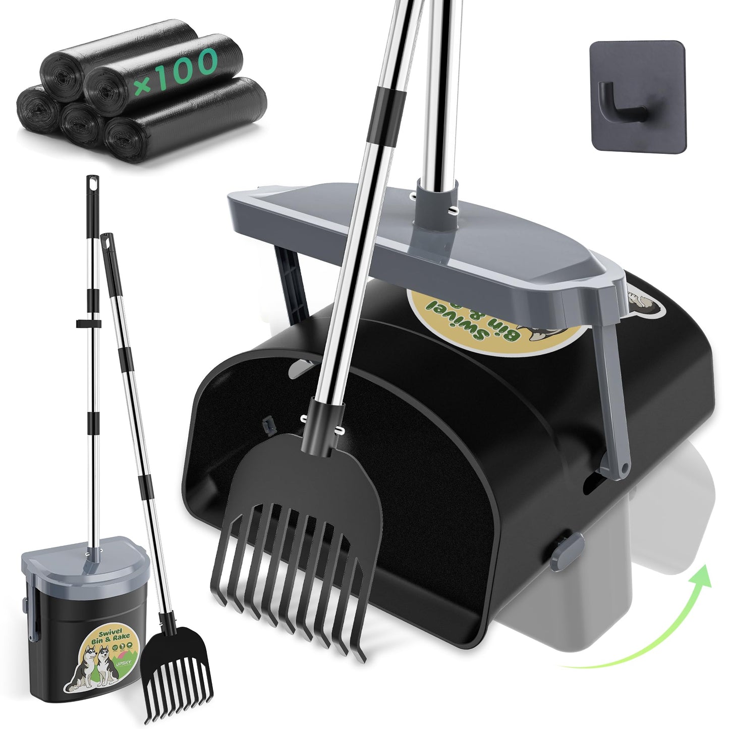UPSKY Dog Pooper Scooper Swivel Bin & Rake Kit with 100 Waste Bags,33.4" Stainless Steel Long Handle Heavy Duty Pet Poop Shovel for Large Medium Small Dogs, Odor-Proof Lid for Yard/Lawn/Outdoor Use