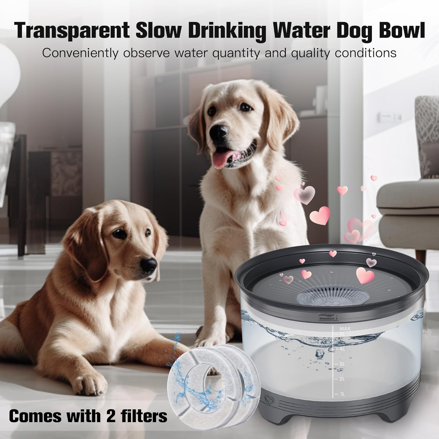UPSKY 5.5L Dog Water Bowl,186oz Large Capacity, No Spill Anti-Slip Slow Drinking Pet Feeder for Messy Drinkers