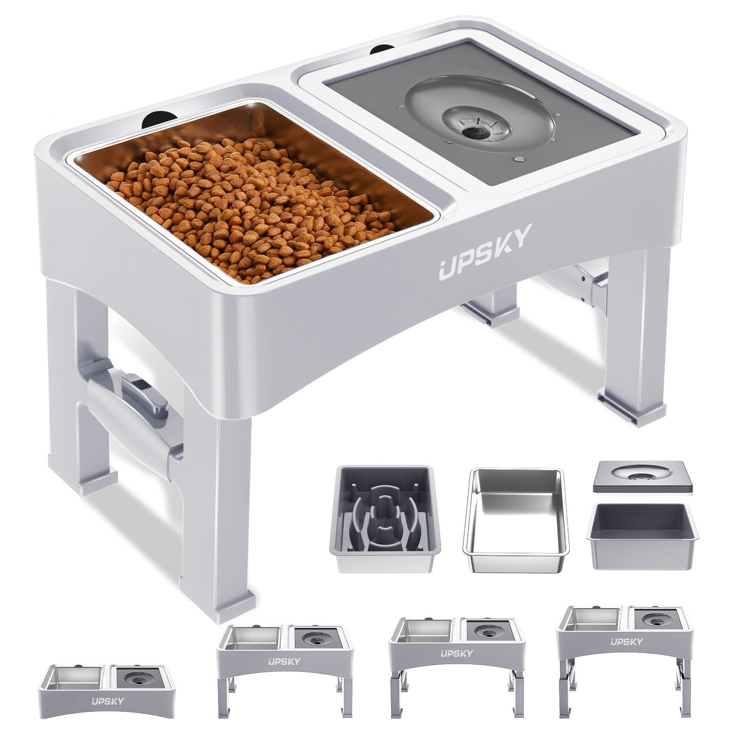 UPSKY 3-in-1 Elevated Dog Bowls Slow Feeder, Adjustable Stand, Stainless Steel Food & No Spill Pet Water Bowl for Small Medium Dogs