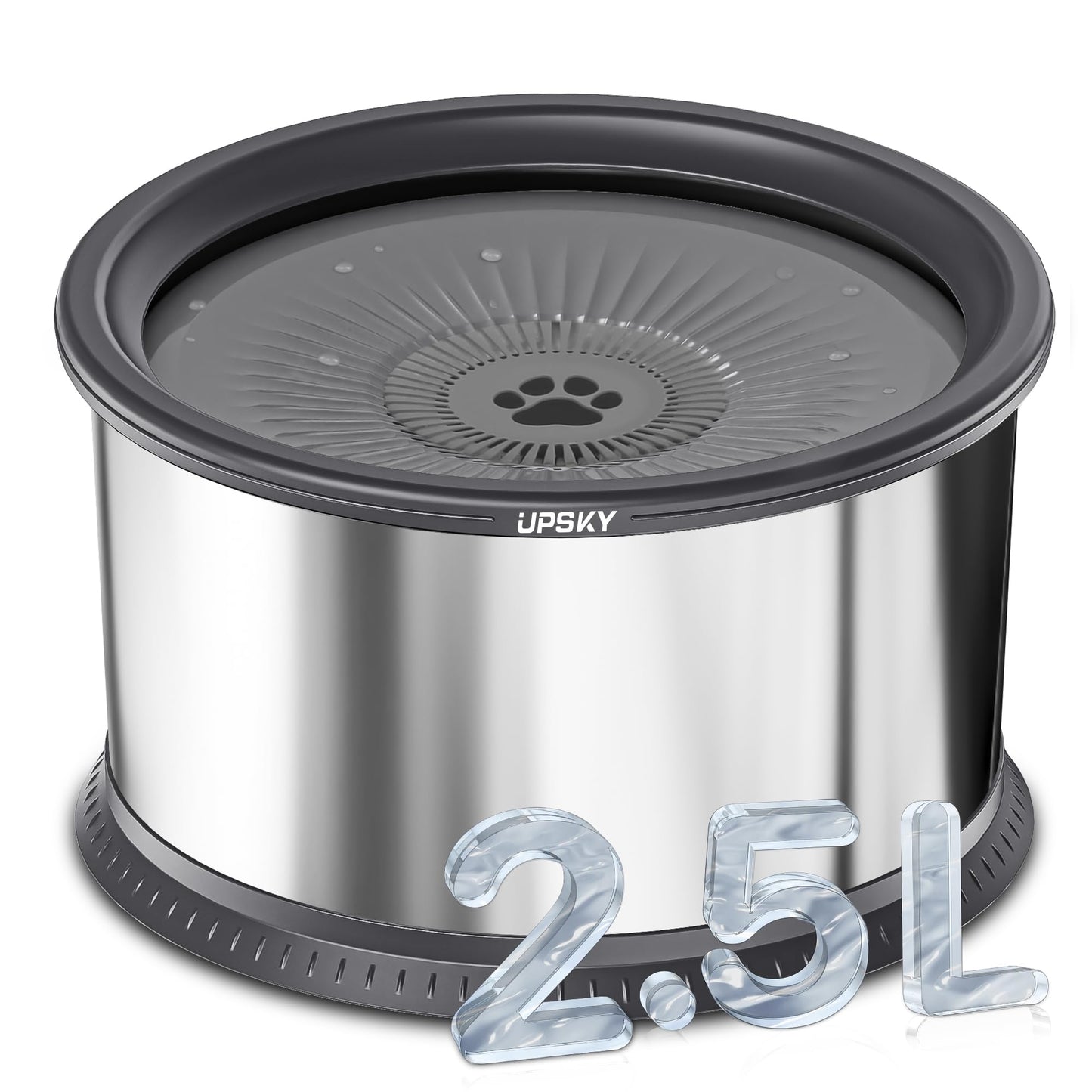 UPSKY 6.5L Dog Water Bowl,1.6 Gallon Super Large Capacity No Spill Dog Water Bowl,Stainless Steel Spill Proof Slow Water Feeder,No Splash Water Bowl with Anti-Slip Mat for Messy Drinkers Grey