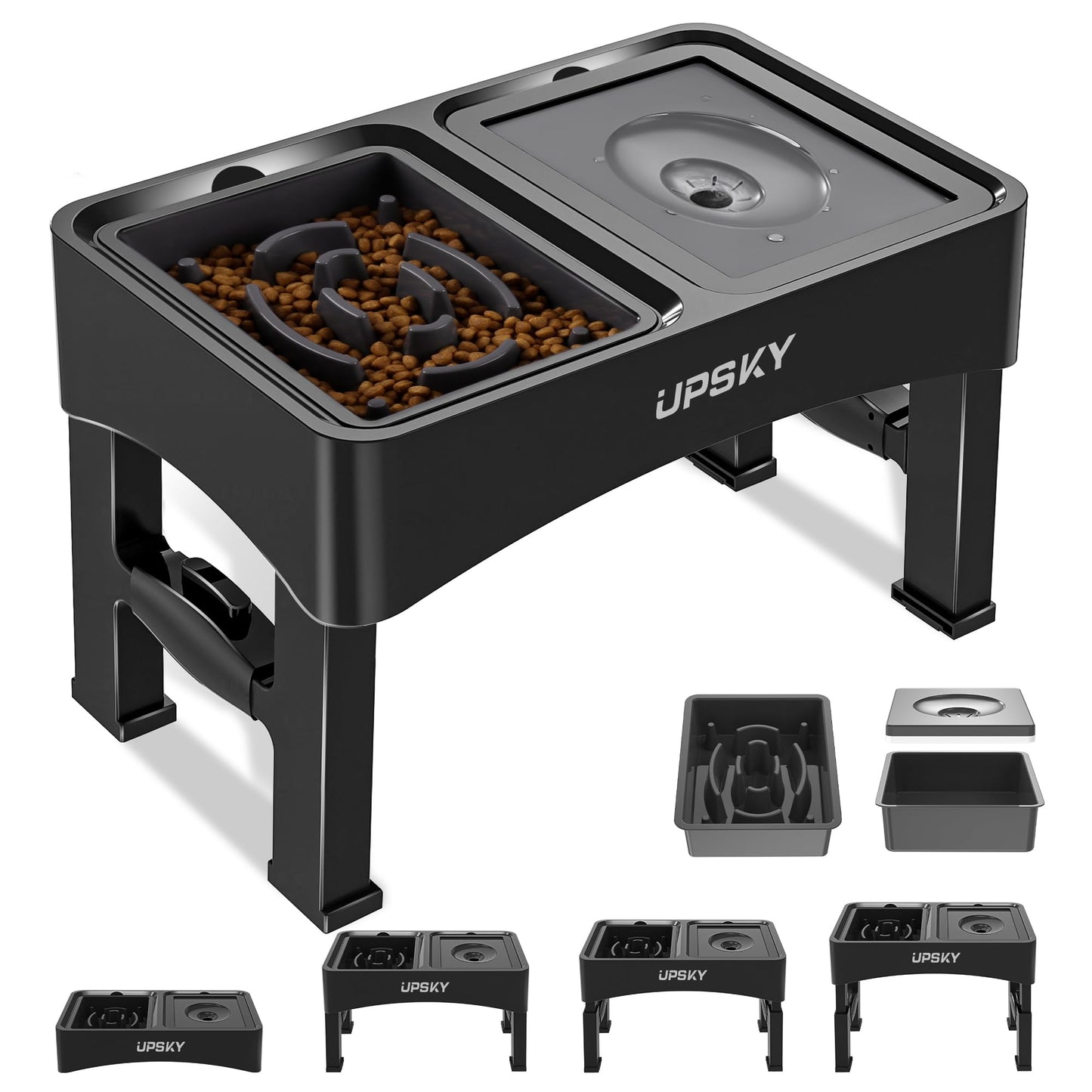 UPSKY 3-in-1 Elevated Dog Bowls Slow Feeder, Adjustable Stand, Stainless Steel Food & No Spill Pet Water Bowl for Small Medium Dogs