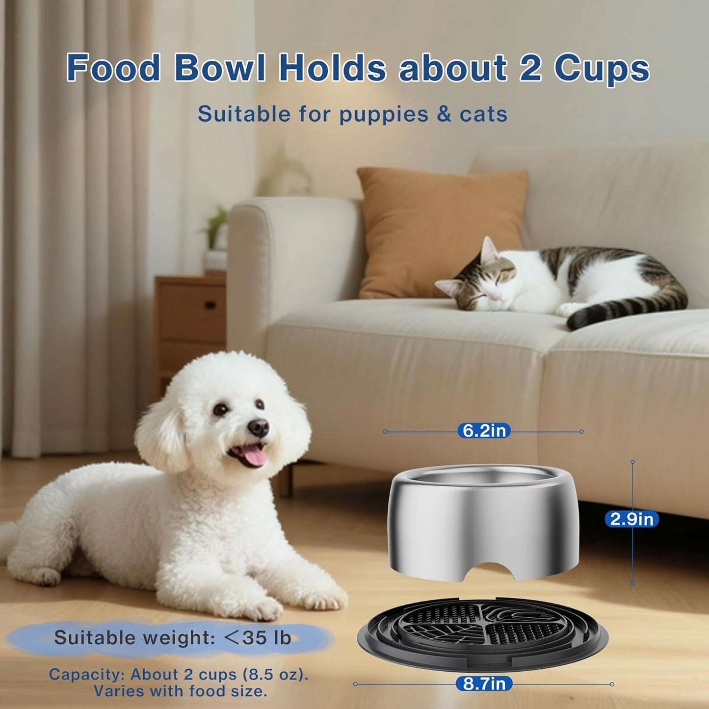 304 Stainless Steel Dog Bowls, Heavy Duty Dog and Cat Food Bowls with Extra Strong Non-Slip Mat, Thick Metal Base Water Bowl with Lick Mat for Cats and Small Dogs, Indoor/Outdoor (8.5 oz)