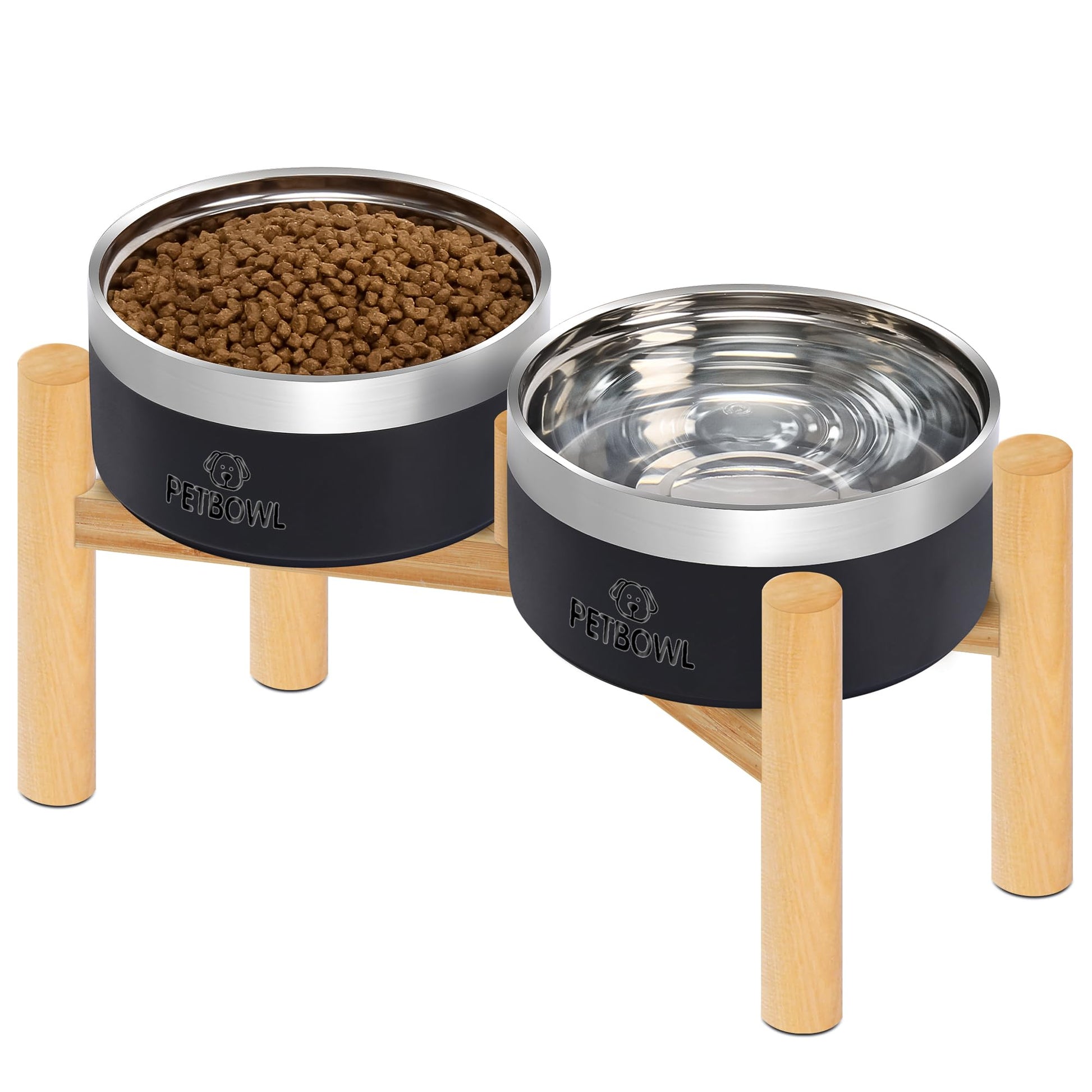 UPSKY Elevated Dog Bowls – 27oz Stainless Steel Anti-Spill Set with Wooden Stand, Double Raised Bowls for Small/Medium Dogs to Reduce Neck Strain & Improve Digestion