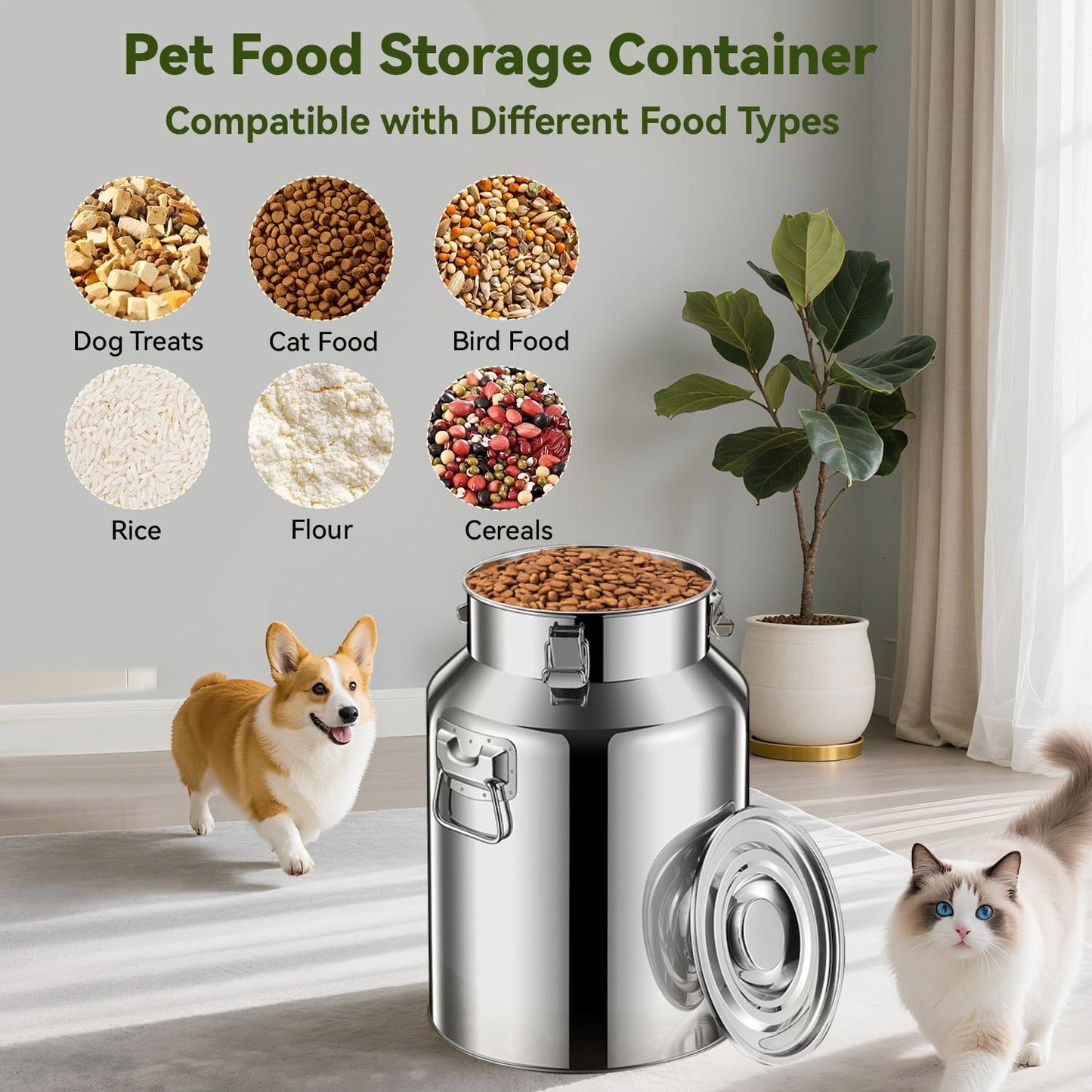 13lb Stainless Steel Dog Food Storage Container, Metal Pet Storage Container with Sealed Hangable Lid to Keep Food Fresh, Large Cat Food Storage Container with Scoop, Easy to Clean