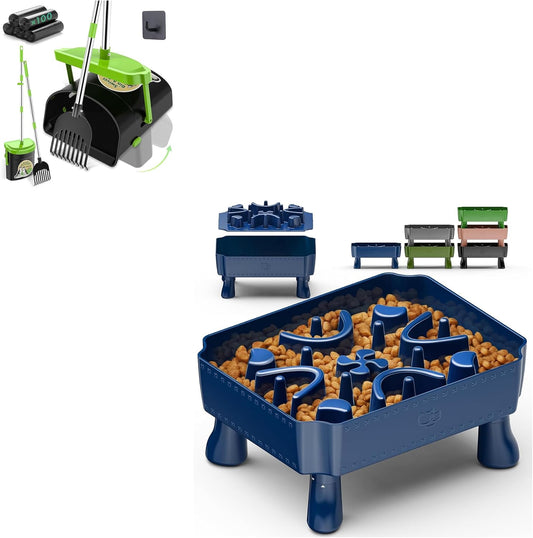 UPSKY Slow Feeder Dog Bowl, 2-in-1 Raised Dog Bowl with Anti-Choking Maze Puzzle, Dog Pooper Scooper Swivel Bin & Rake Kit with 100 Waste Bags