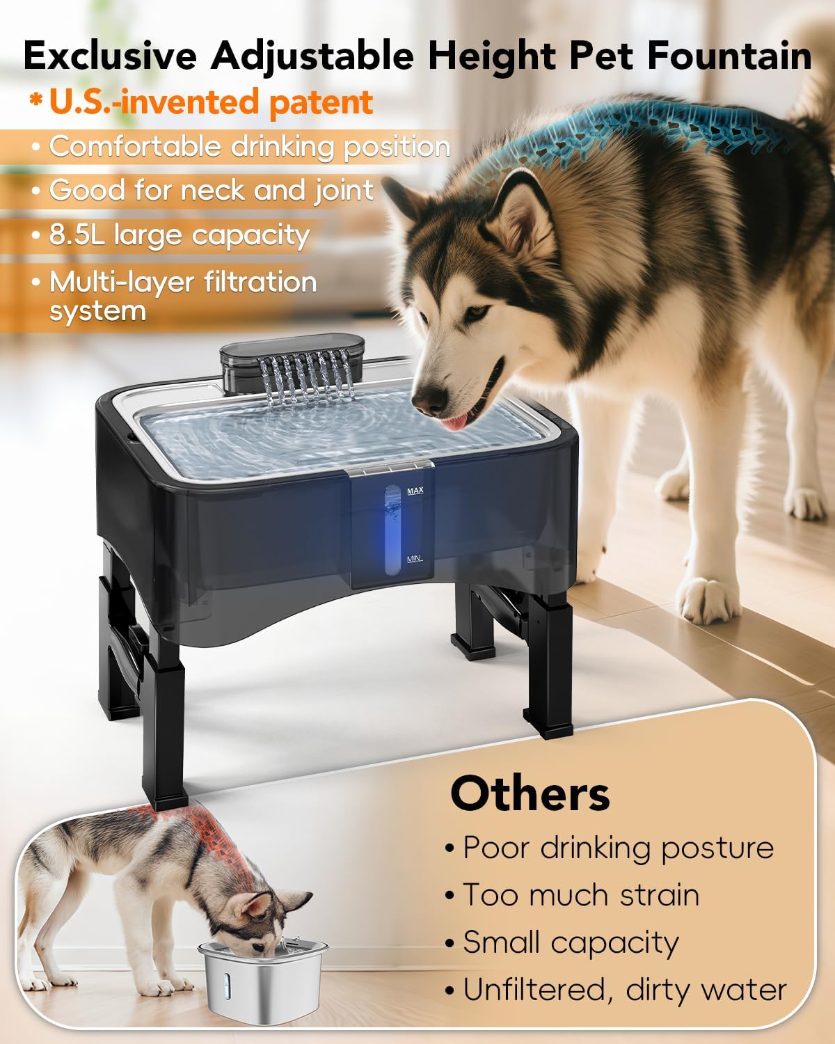 UPSKY Slow Feeder Dog Bowl，2.25Gal Elevated Dogs Water Fountain, 4 Heights Adjustable Pet Fountain for All Dog Sizes
