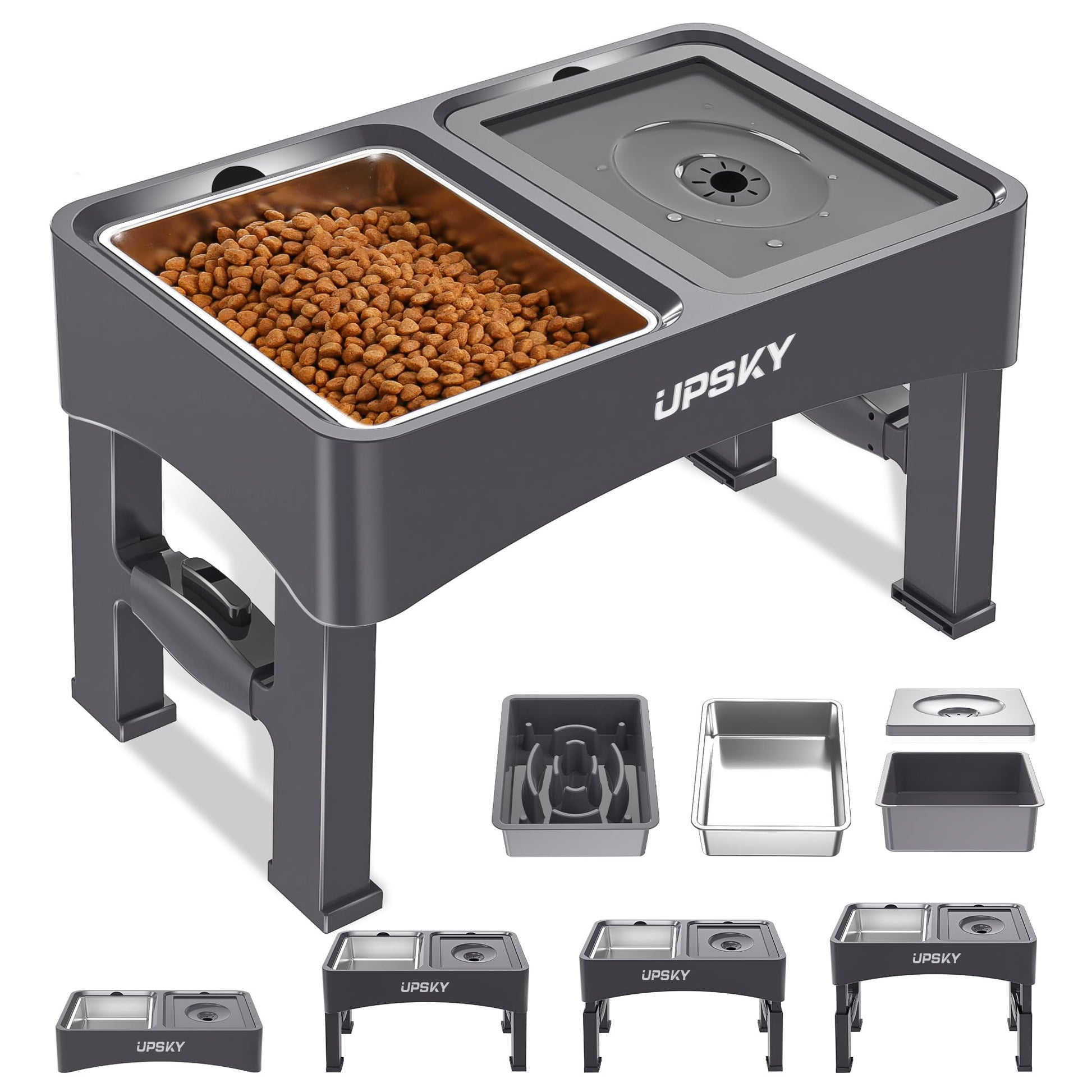 UPSKY 2-in-1 Elevated Dog Bowls Slow Feeder, 4 Height Adjustable Raised Bowl Stand, No Spill Dog Water Bowls, Anti-Slip Food and Water Bowls for Small Medium Dogs(Not Include Stainless Steel Bowl)