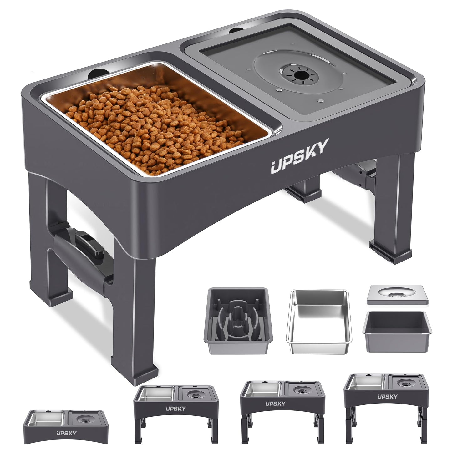 UPSKY 3-in-1 Elevated Dog Bowls Slow Feeder, Adjustable Stand, Stainless Steel Food & No Spill Pet Water Bowl for Small Medium Dogs