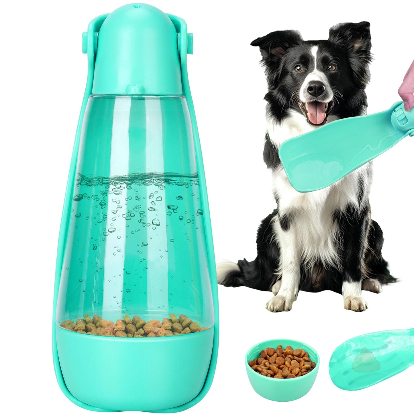 UPSKY Dog Water Bottle | Portable & Foldable Dog Water Bottle | 3-in-1 Portable Pet Water Dispenser with Food Container & Poop Scooper for Outdoor Walking, Hiking & Travel,14.2oz(Blue)