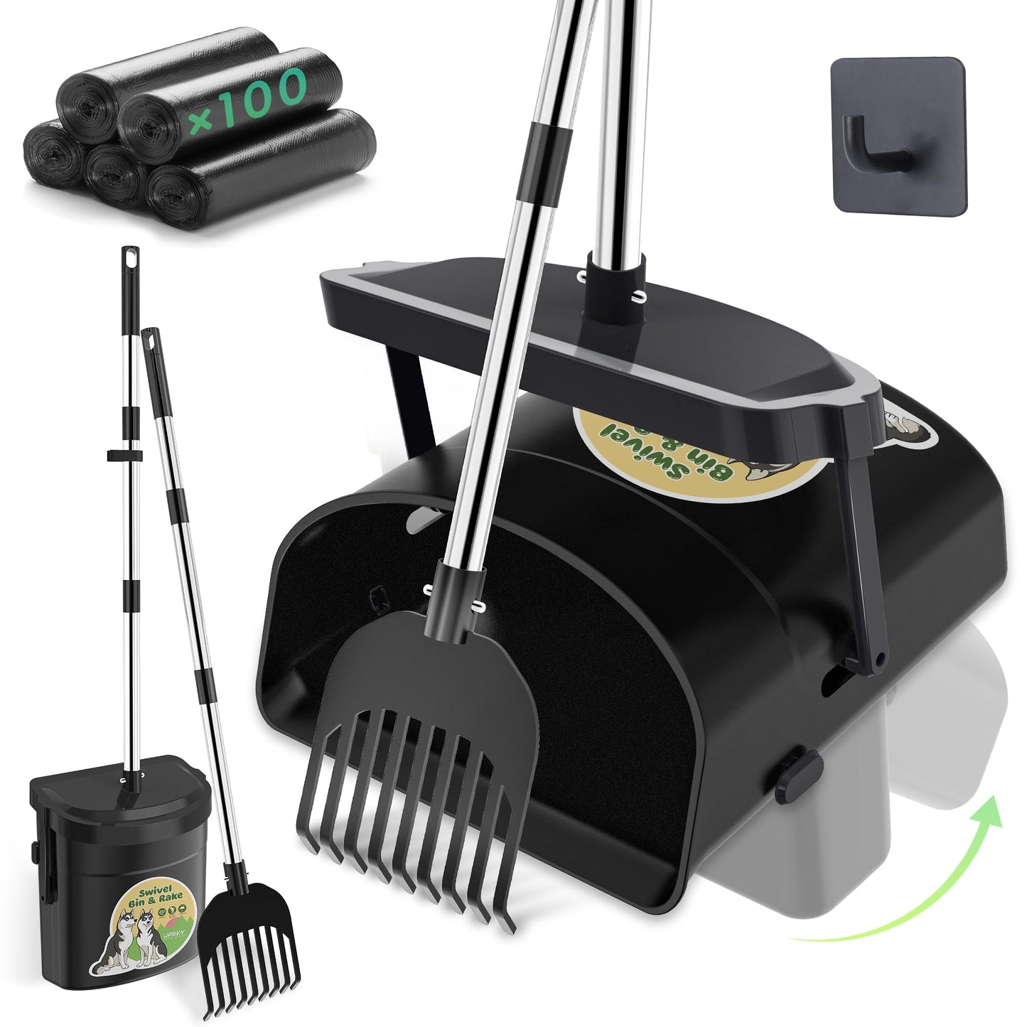 UPSKY Dog Pooper Scooper Swivel Bin & Rake Kit with 100 Waste Bags,33.4" Stainless Steel Long Handle Heavy Duty Pet Poop Shovel for Large Medium Small Dogs, Odor-Proof Lid for Yard/Lawn/Outdoor Use