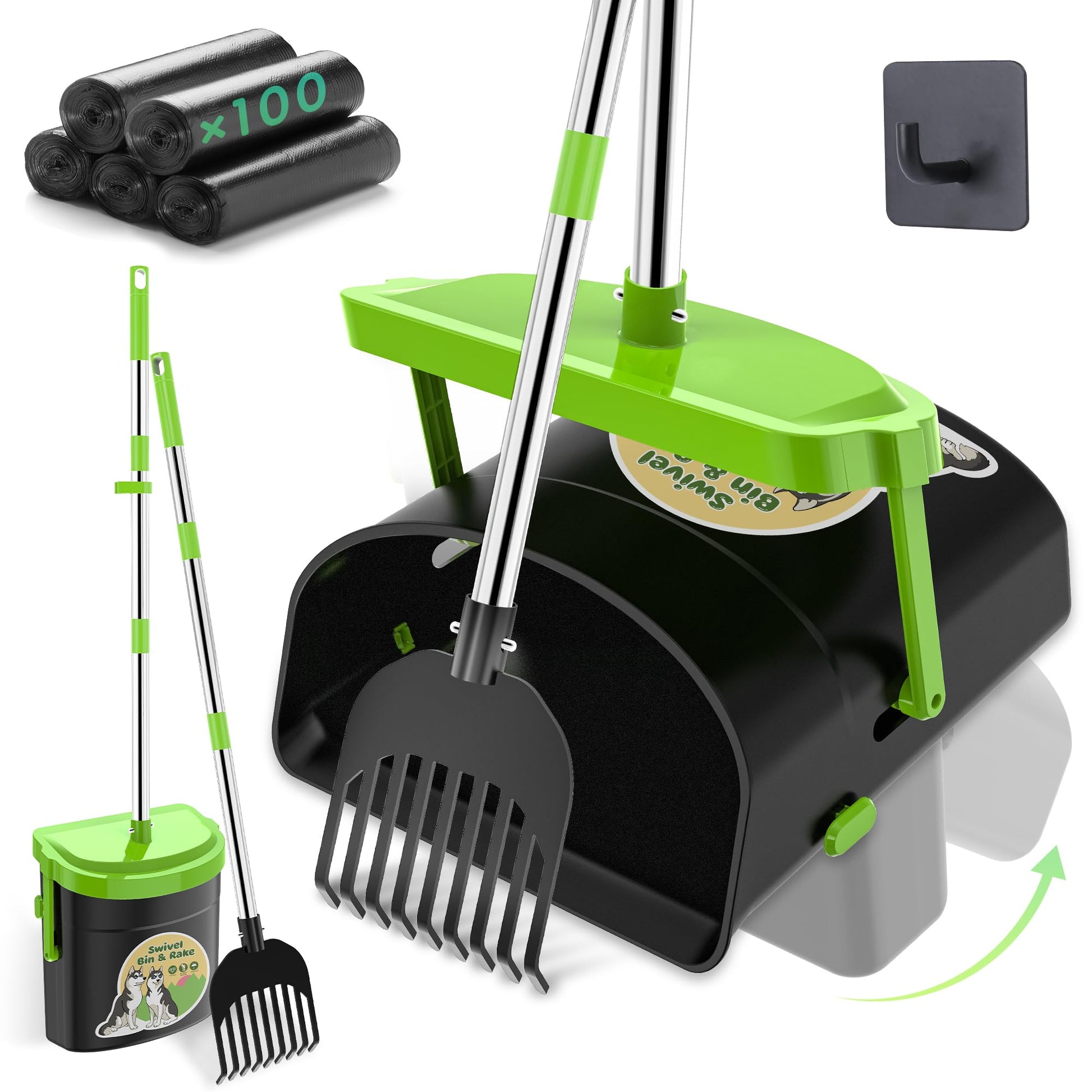UPSKY Dog Pooper Scooper Swivel Bin & Rake Kit with 100 Waste Bags,33.4" Stainless Steel Long Handle Heavy Duty Pet Poop Shovel for Large Medium Small Dogs, Odor-Proof Lid for Yard/Lawn/Outdoor Use