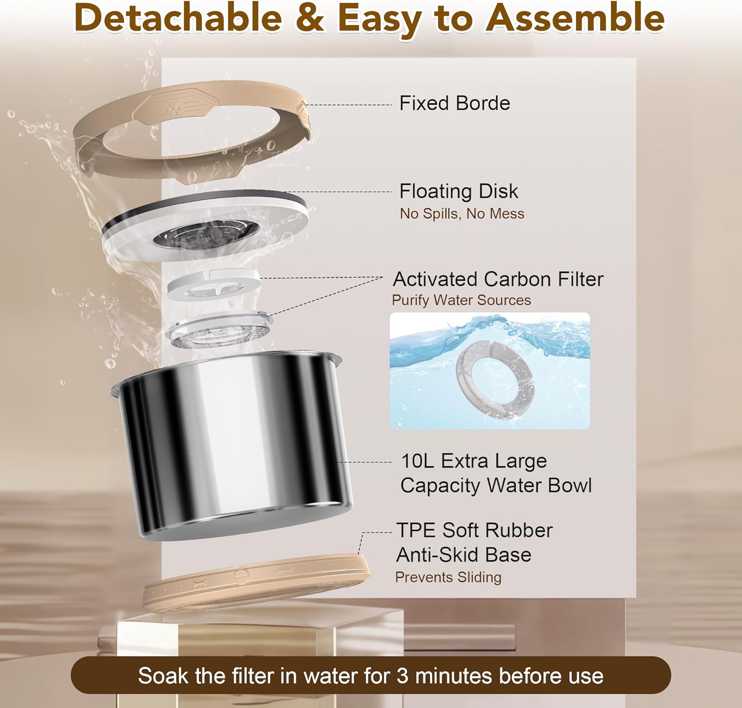 UPSKY Dog Water Bowl No Spill 10L Stainless Steel, 2.6 Gallon Large Capacity Spill-Proof Dog Bowls, Non-Slip Slow Drinking Anti-Splash Bowl for Large Messy Drinkers, No Mess Indoor/Outdoor Use, Beige
