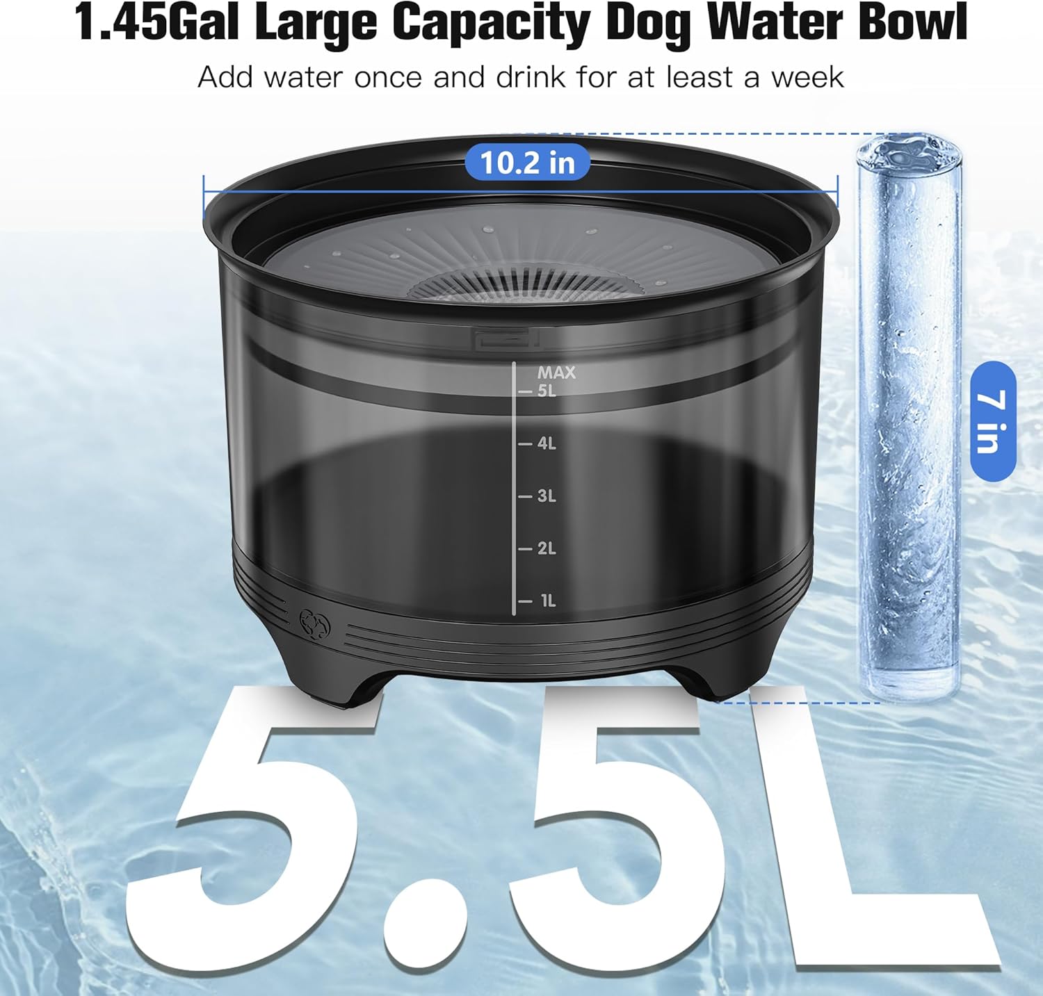 UPSKY 5.5L Dog Water Bowl,186oz Large Capacity No Spill Water Bowl for Dogs, Splash Proof Slow Water Feeder with Heightened Base, Anti-Slip Slow Drinking Pet Water Bowl for Messy Drinkers, B-Black