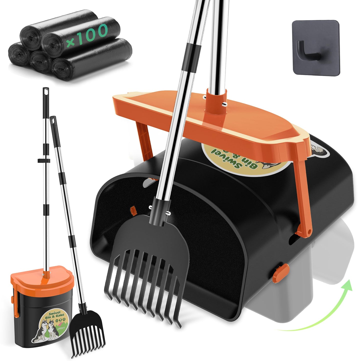 UPSKY Dog Pooper Scooper Swivel Bin & Rake Kit with 100 Waste Bags,33.4" Stainless Steel Long Handle Heavy Duty Pet Poop Shovel for Large Medium Small Dogs, Odor-Proof Lid for Yard/Lawn/Outdoor Use