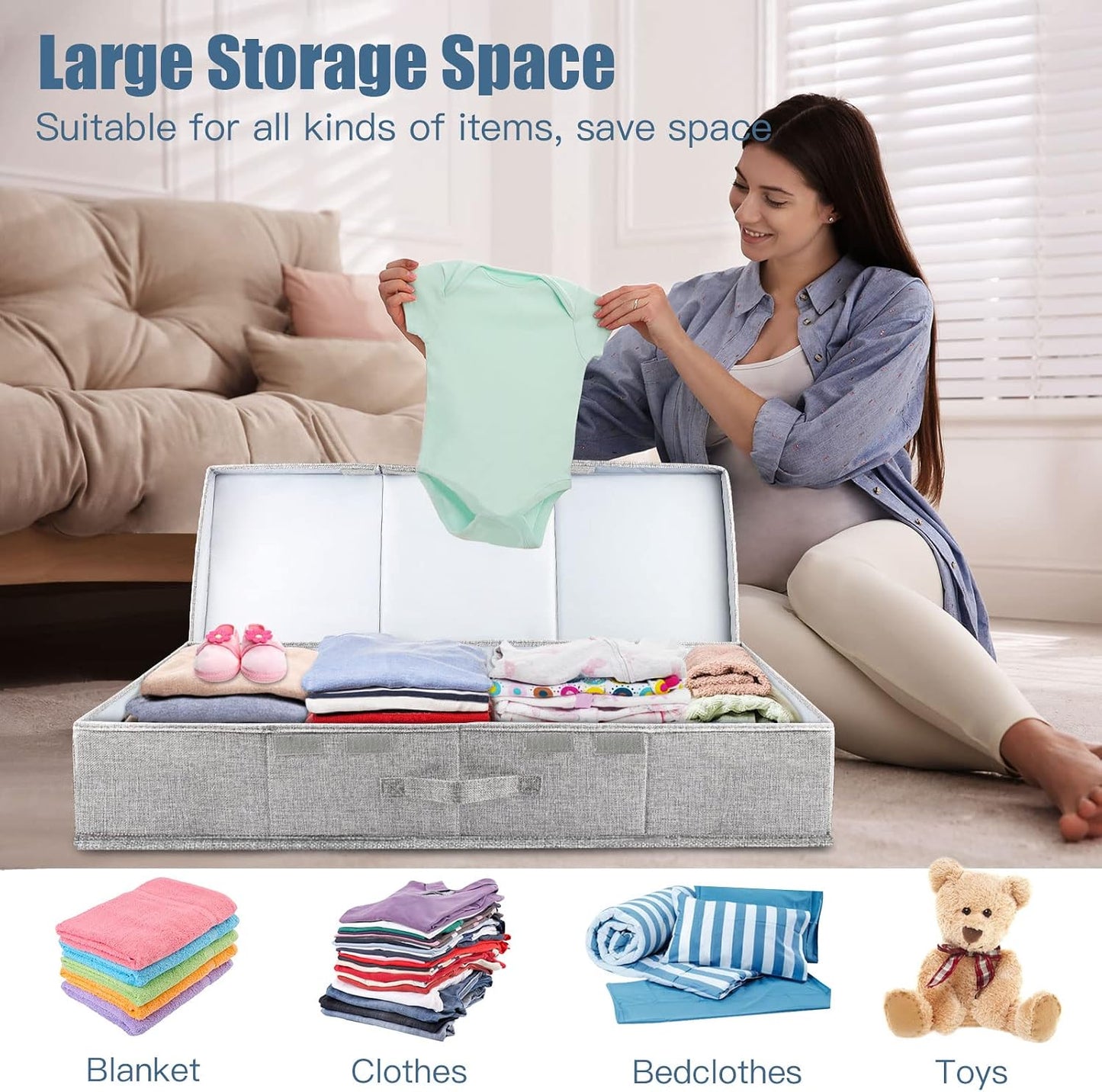 Supowin 2Pack Large Underbed Storage Containers Bin with Lids, Gray | 6 Inches Tall Under Bed Storage Organizer Box with Handles, Foldable Closet Organizer for Clothes, Blankets, Seasonal Items