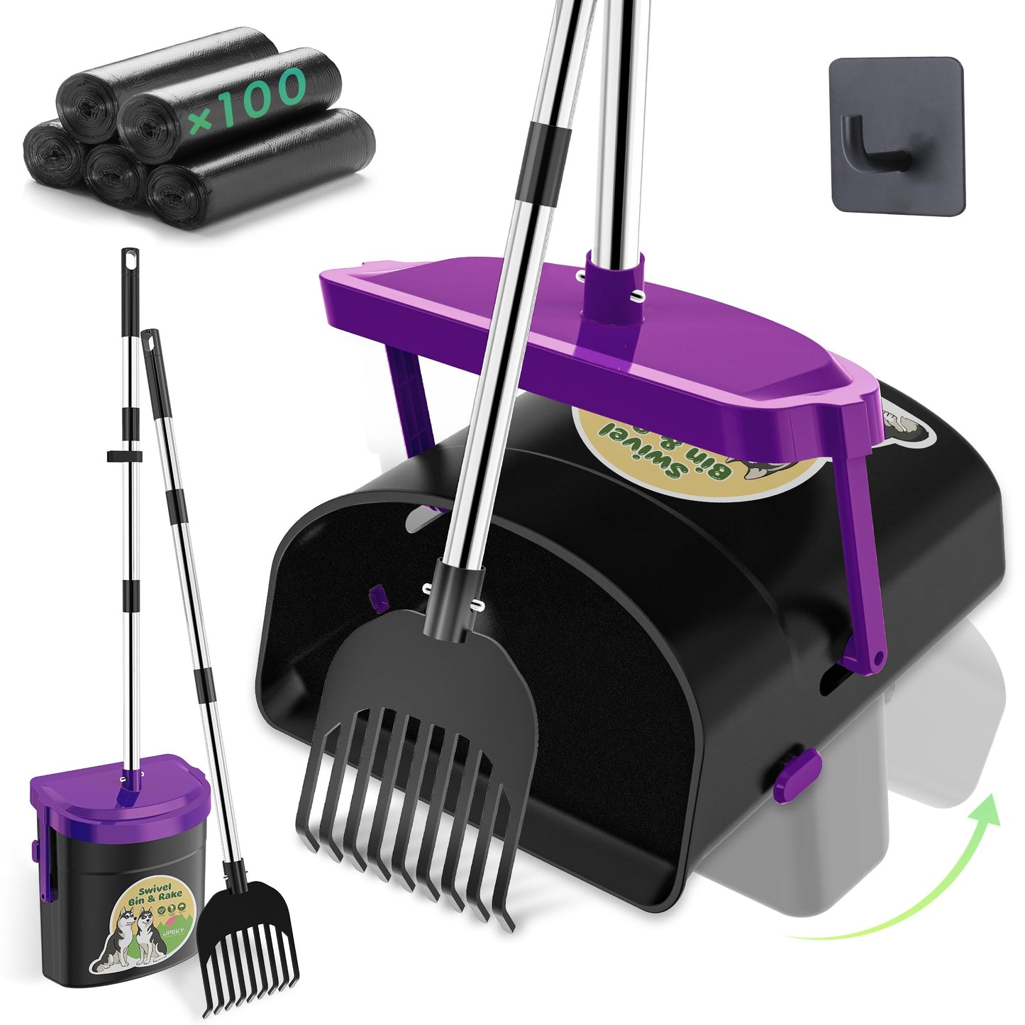 UPSKY Dog Pooper Scooper Swivel Bin & Rake Kit with 100 Waste Bags,33.4" Stainless Steel Long Handle Heavy Duty Pet Poop Shovel for Large Medium Small Dogs, Odor-Proof Lid for Yard/Lawn/Outdoor Use