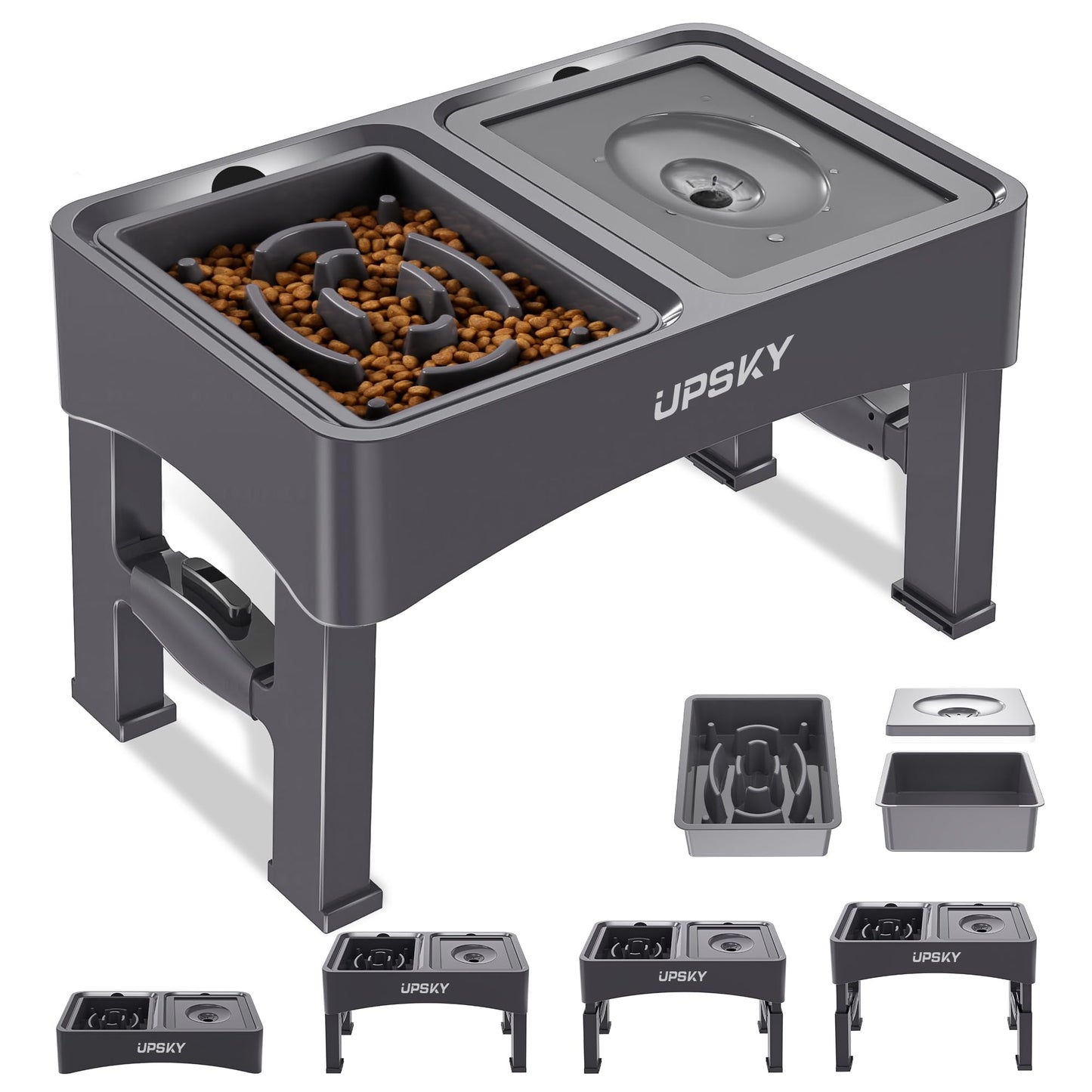 UPSKY 3-in-1 Elevated Dog Bowls Slow Feeder, Adjustable Stand, Stainless Steel Food & No Spill Pet Water Bowl for Small Medium Dogs