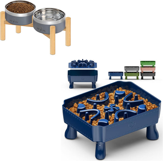 UPSKY Slow Feeder Dog Bowl, 2-in-1 Raised Dog Bowl with Anti-Choking Maze Puzzle, Elevated Dog Bowls, Stainless Steel Anti-Spill Pet Bowl Set with Wooden Stand