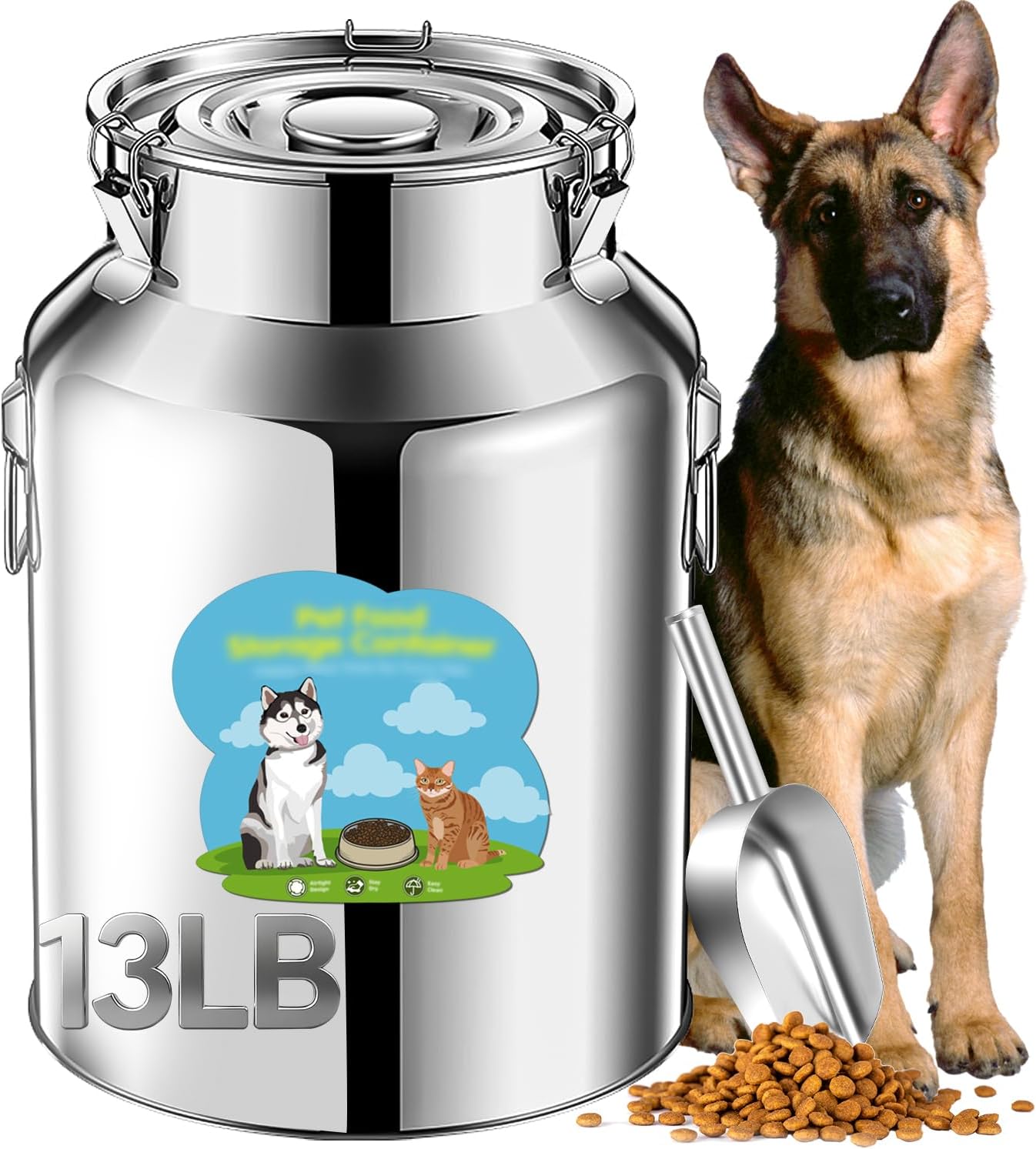 13lb Stainless Steel Dog Food Storage Container, Metal Pet Storage Container with Sealed Hangable Lid to Keep Food Fresh, Large Cat Food Storage Container with Scoop, Easy to Clean