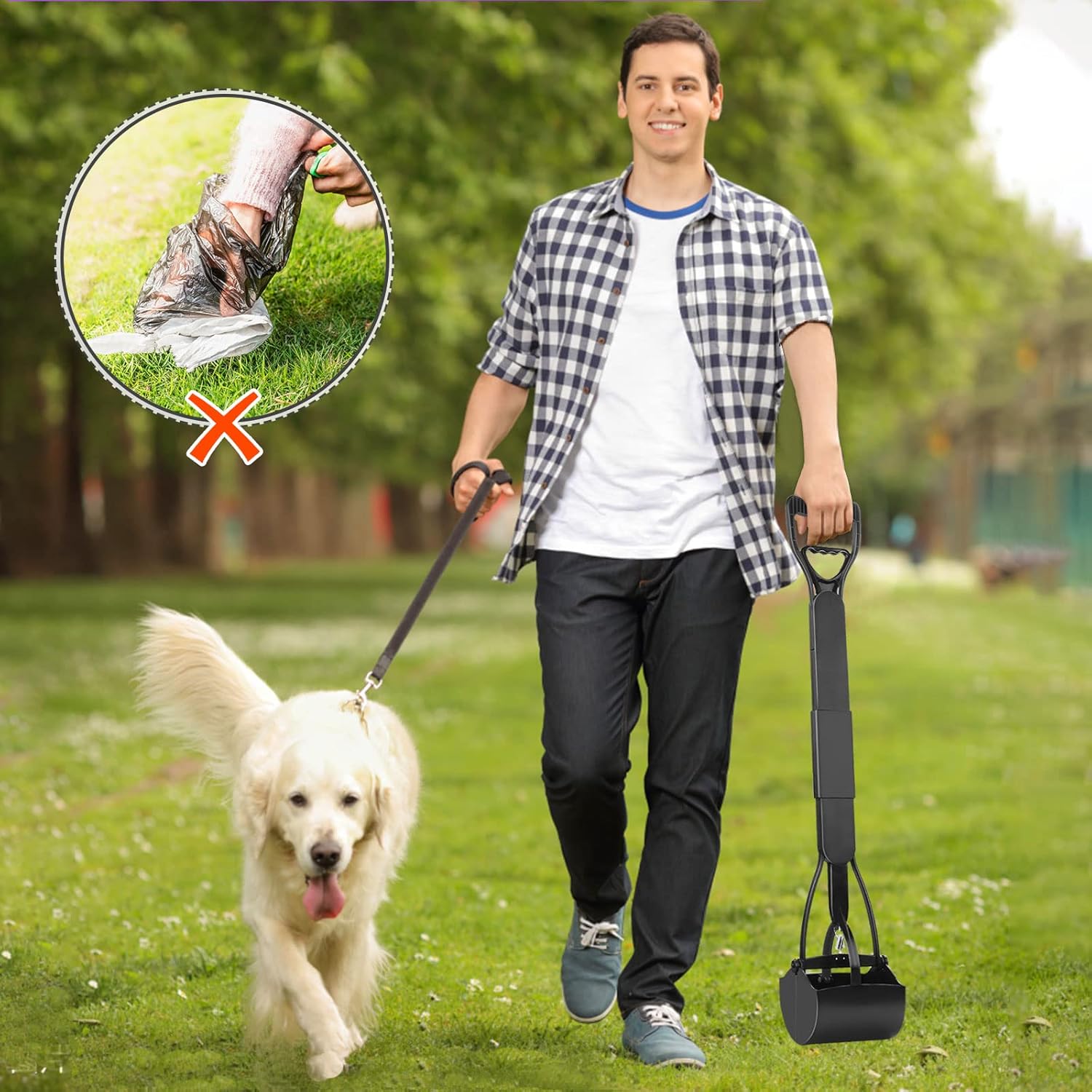 UPSKY 32'' Pooper Scooper for Large Small Dogs, Long Handle Dog Poop Scooper with Waste Bags, Portable Dog Poop Pick Up Tool, Folding Poop Scoop for Yard, Grass, Dirt, Gravel Black