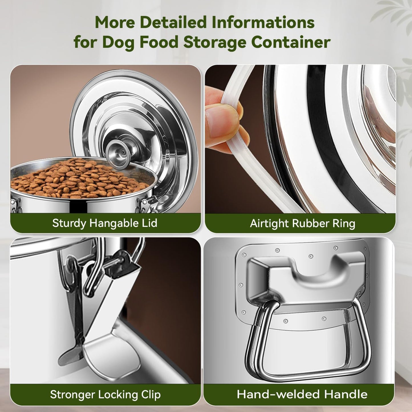 13lb Stainless Steel Dog Food Storage Container, Metal Pet Storage Container with Sealed Hangable Lid to Keep Food Fresh, Large Cat Food Storage Container with Scoop, Easy to Clean