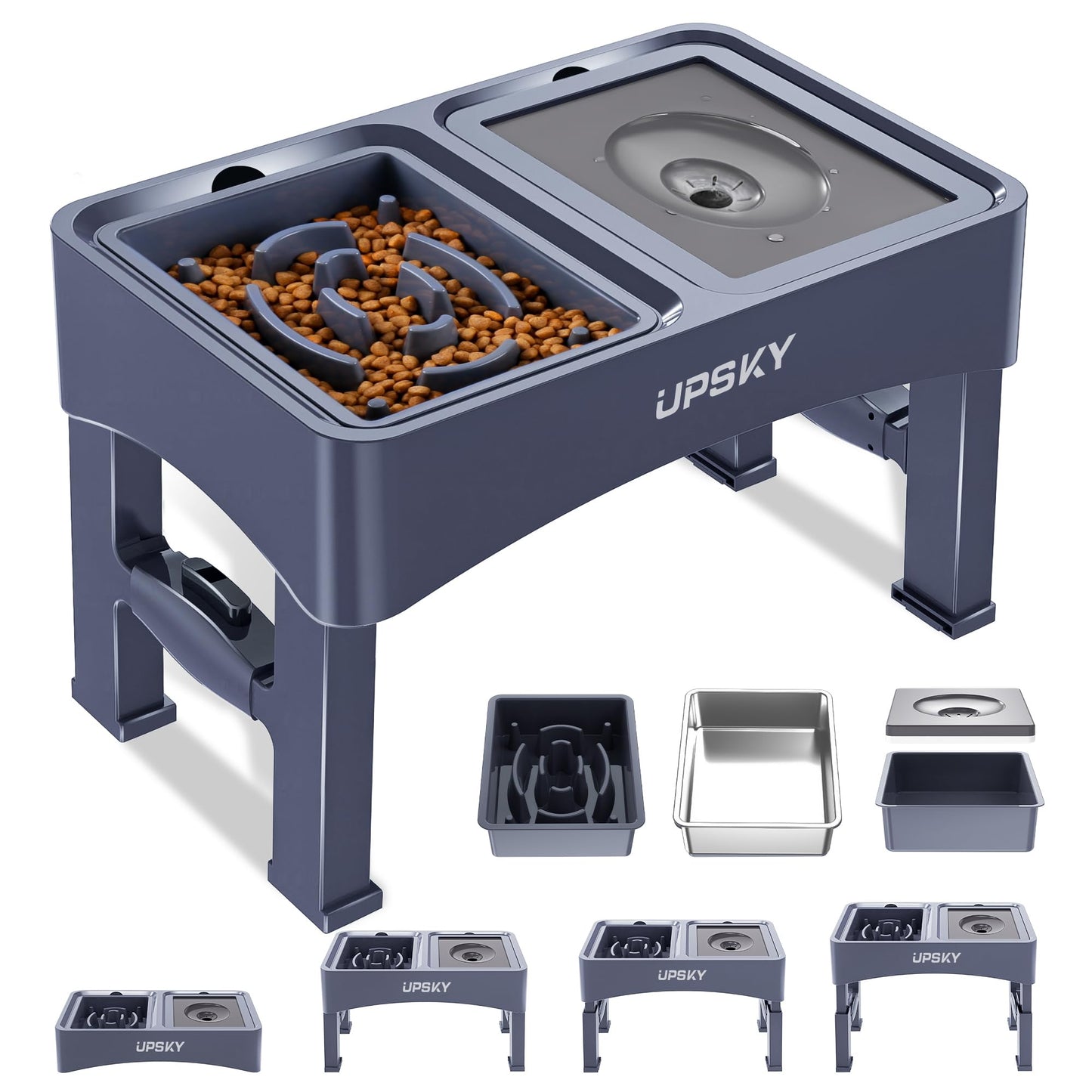 UPSKY 2-in-1 Elevated Dog Bowls Slow Feeder, 4 Height Adjustable Raised Bowl Stand, No Spill Dog Water Bowls, Anti-Slip Food and Water Bowls for Small Medium Dogs(Not Include Stainless Steel Bowl)