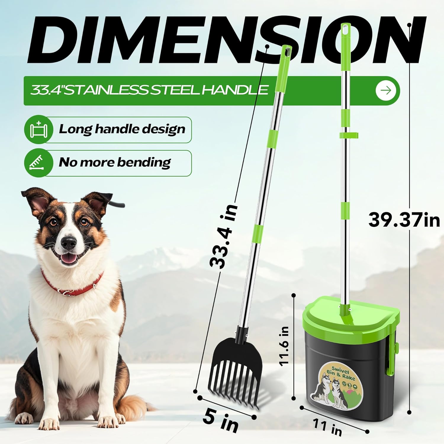UPSKY Elevated Dog Bowls, Dog Pooper Scooper Swivel Bin & Rake Kit with 100 Waste Bags, 33.4" Stainless Steel Long Handle Heavy Duty Pet Poop Shovel
