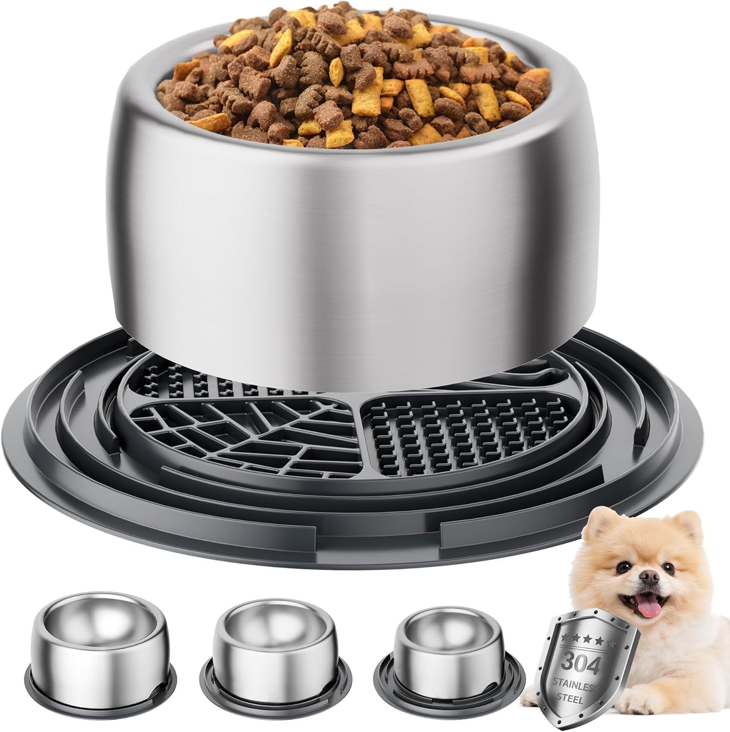 304 Stainless Steel Dog Bowls, Heavy Duty Dog and Cat Food Bowls with Extra Strong Non-Slip Mat, Thick Metal Base Water Bowl with Lick Mat for Cats and Small Dogs, Indoor/Outdoor (8.5 oz)