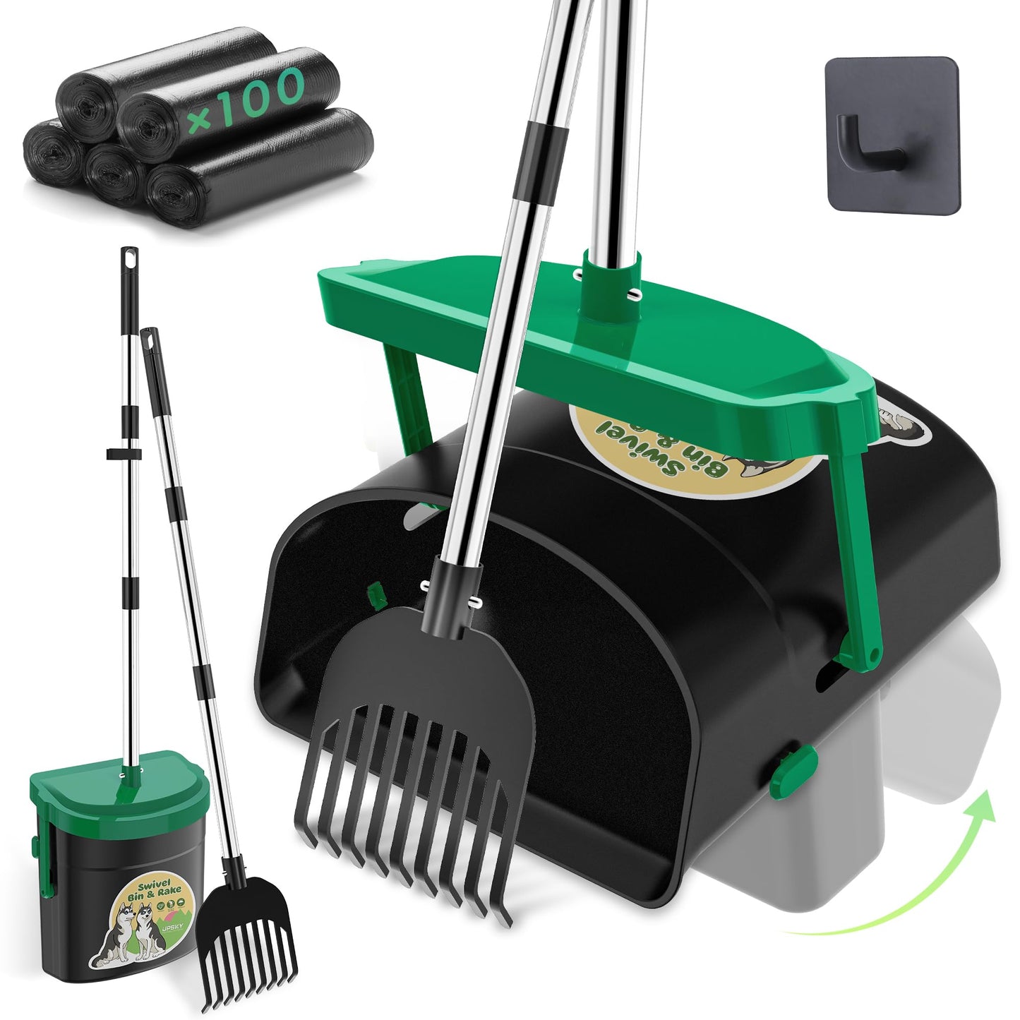 UPSKY Dog Pooper Scooper Swivel Bin & Rake Kit with 100 Waste Bags,33.4" Stainless Steel Long Handle Heavy Duty Pet Poop Shovel for Large Medium Small Dogs, Odor-Proof Lid for Yard/Lawn/Outdoor Use