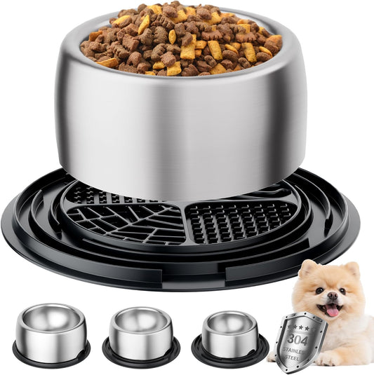304 Stainless Steel Dog Bowls, Heavy Duty Dog and Cat Food Bowls with Extra Strong Non-Slip Mat, Thick Metal Base Water Bowl with Lick Mat for Cats and Small Dogs, Indoor/Outdoor (8.5 oz)