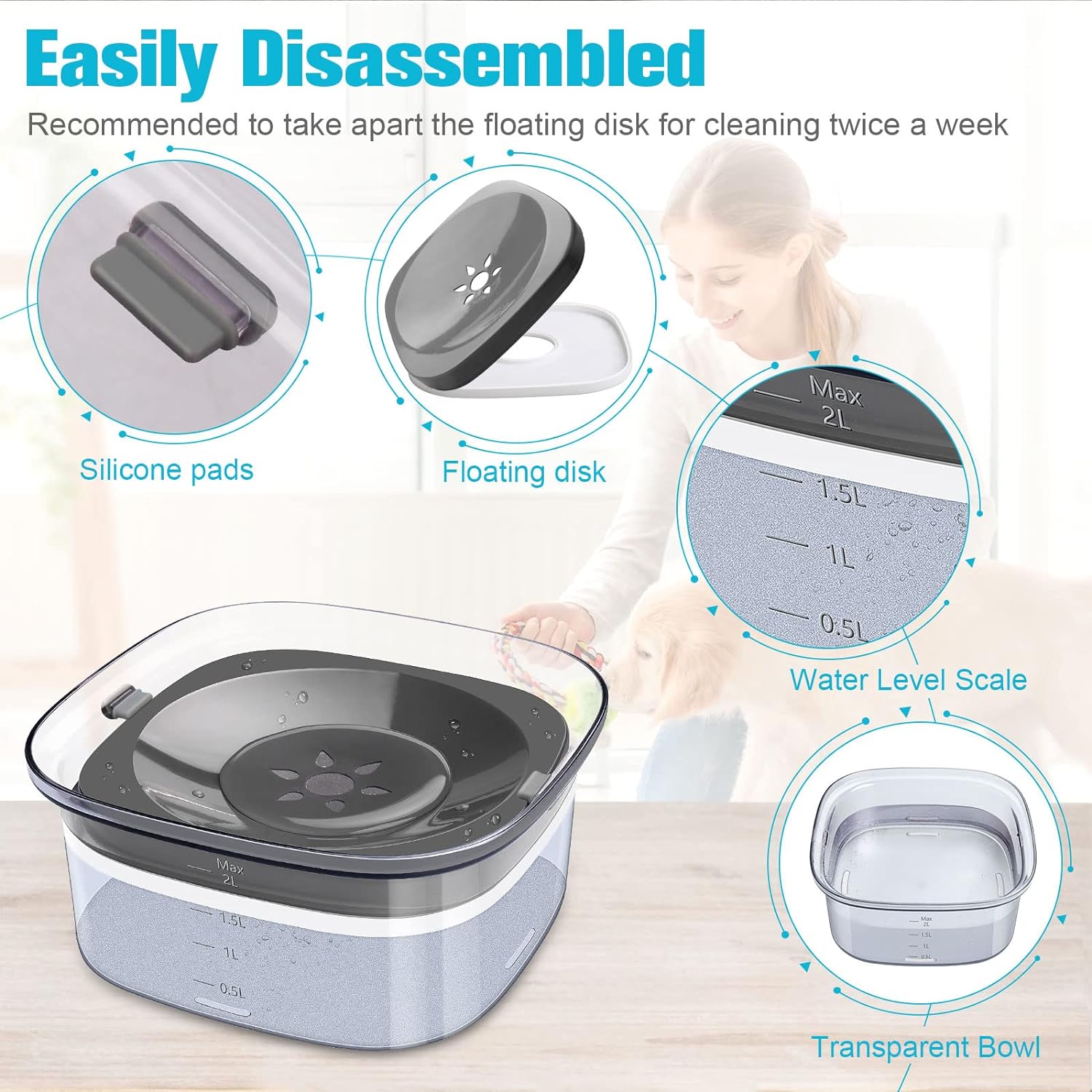 UPSKY 70oz Dog Water Bowl 2L No Spill Dog Bowl Large Capacity Spill Proof Slow Water Feeder, No Splash Dog Bowl Pet Water Dispenser Vehicle Carried Travel Slow Drinking Bowl for Messy Drinkers, Cats