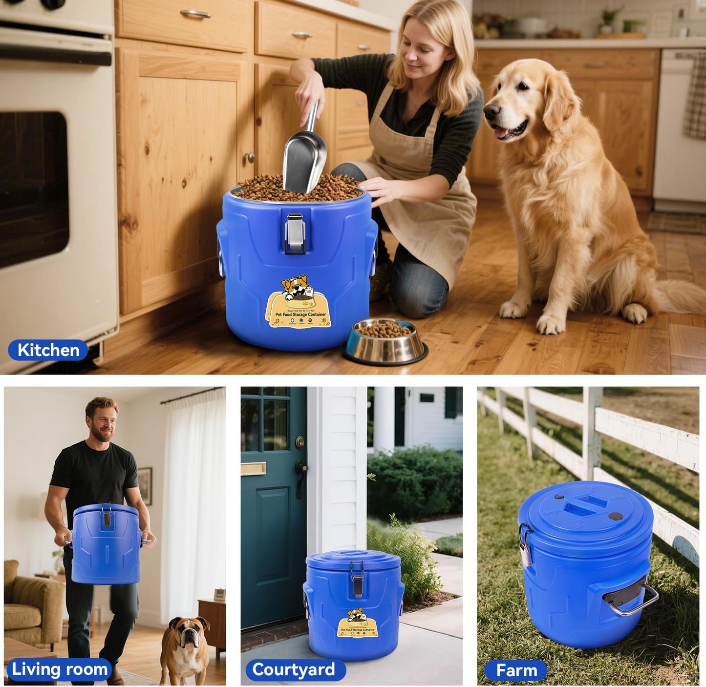 15lb Dog Food Storage Container, Stainless Steel Airtight Pet Food Storage Container and Durable Plastic Food Container, Large Metal Cat Food Container with Lid and Scoop to Keep Fresh