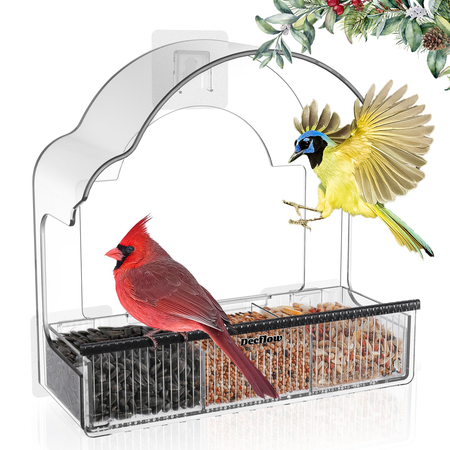 Decflow Transparent Acrylic Outside Window Wild Bird Feeder with 3 Pairs of Strong Stickers & Removable Tray, Black