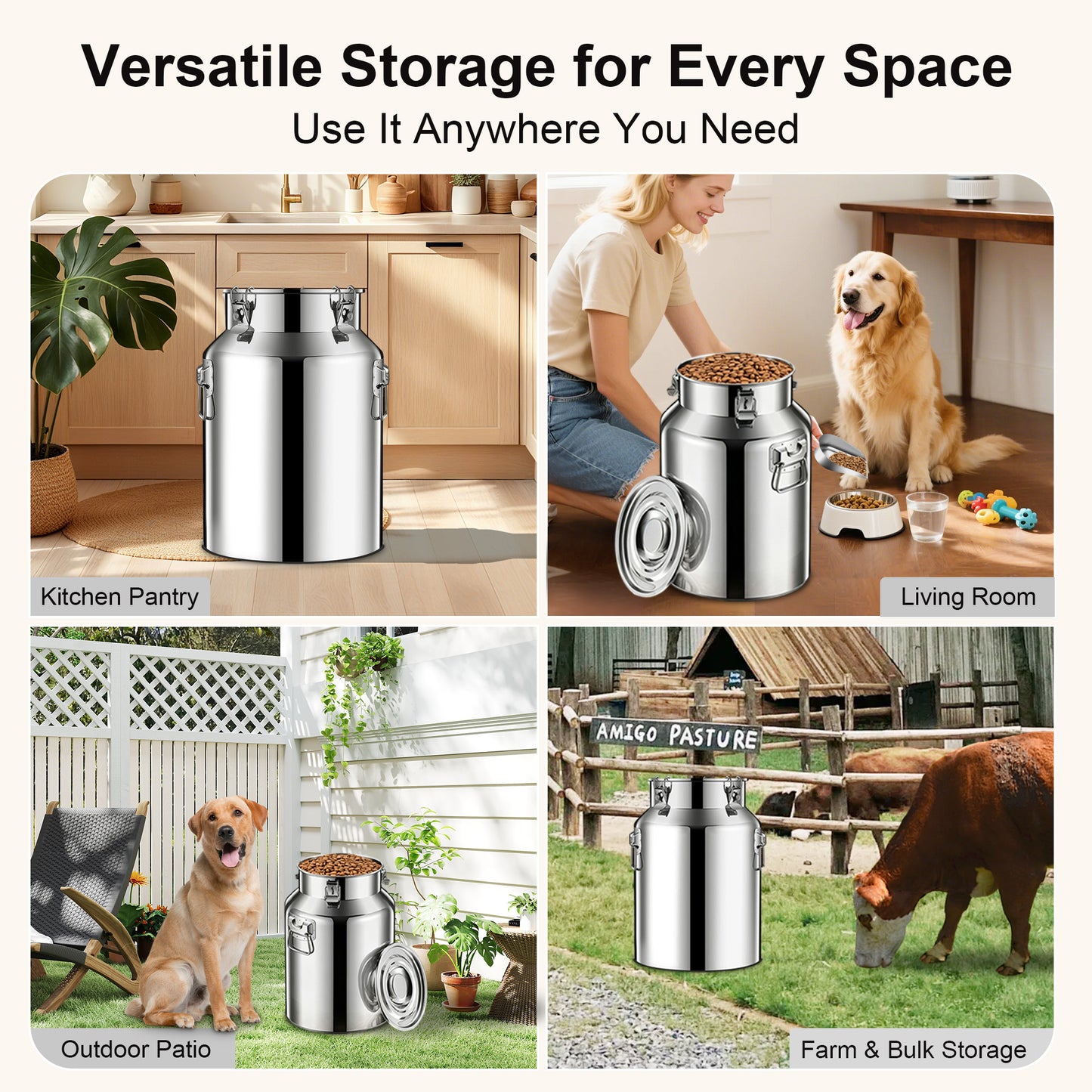 Newget Metal Stainless Steel Dog Food Storage Container with Airtight Hangable Lid, Large: 21-lb