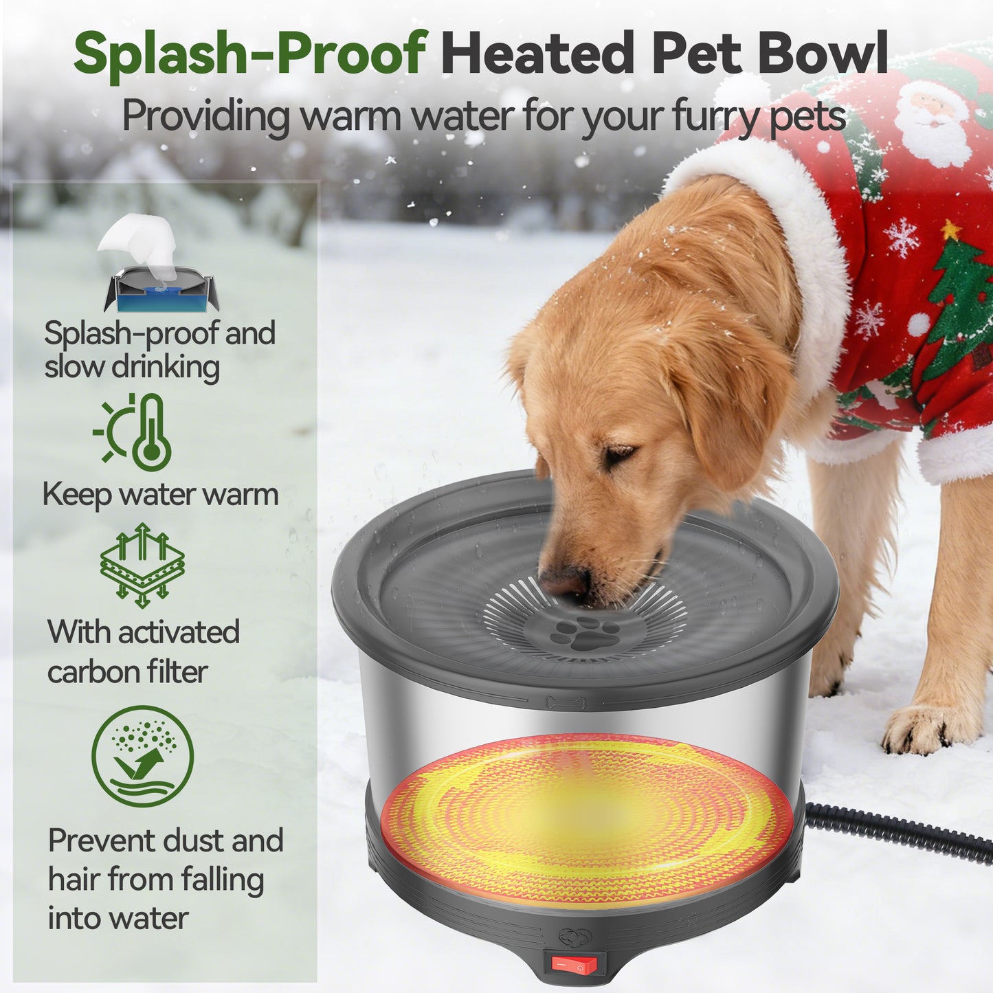 6.5L Heated Water Bowl, Stainless Steel Outdoor Heated Dog Bowl with Anti-Chew Cord, Large Capacity Heated Pet Slow Drinking Dish Provide Warm Water in Winter for Dogs