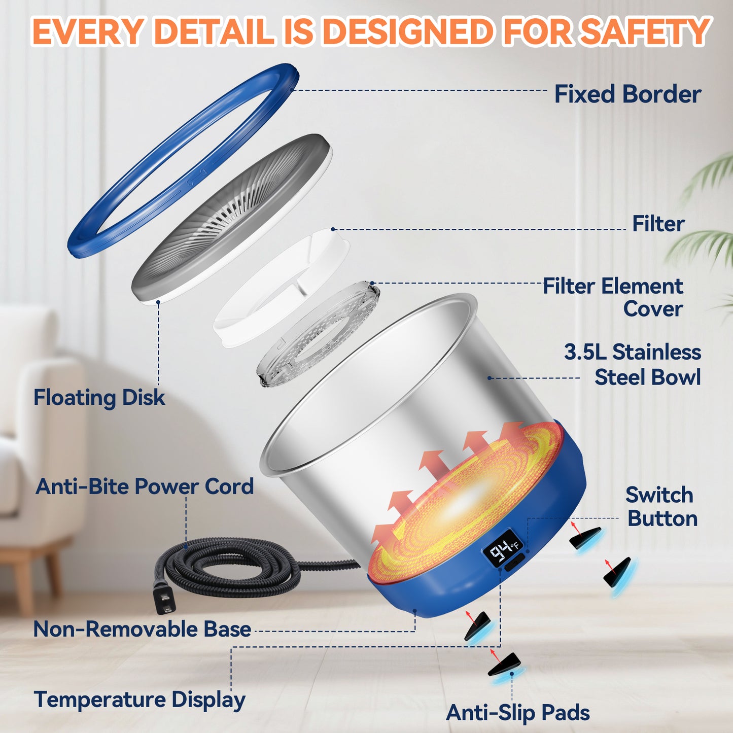 3.5L Heated Water Bowl, Stainless Steel Heated Dog Bowl with Digital Display and Adjustable Temperature, Heated Slow Drinking Feeder Provides Warm Water for Outdoor Dogs