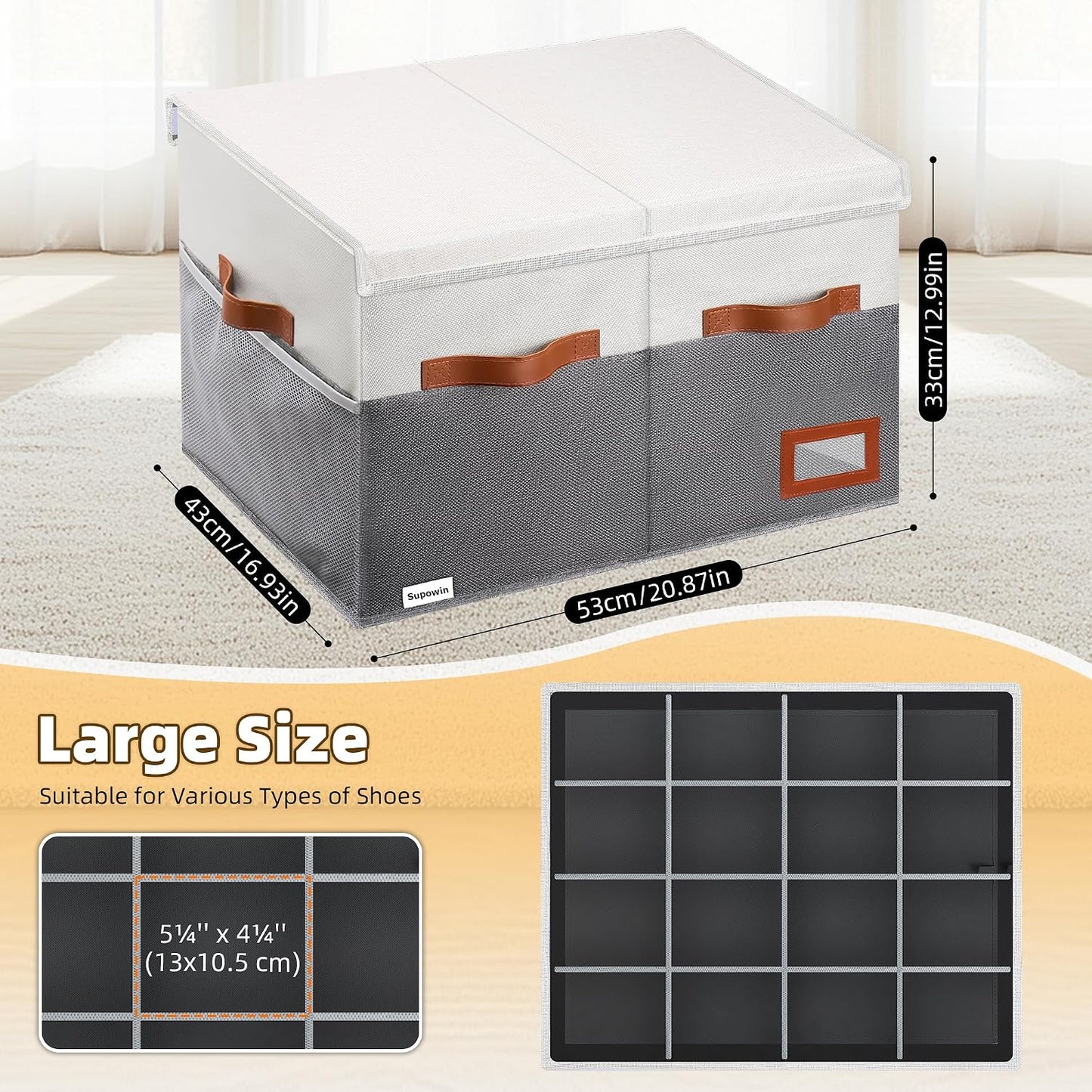 Supowin Large Shoe Organizer for Closet, Foldable Shoe Storage Bin with Lid | 16-Pair Shoe Storage for Sneakers, Boots & Heels with Adjustable Dividers, Reinforced Handles, Space Saving Closet Storage