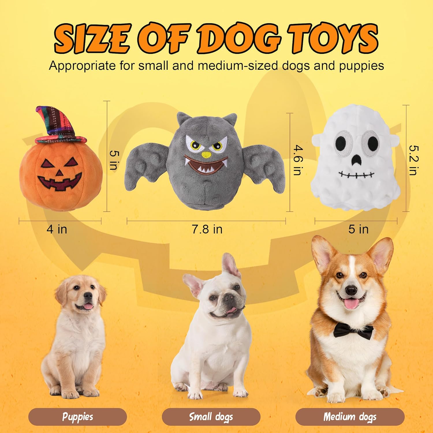 UPSKY Halloween Dog Toys Set, Plush Dog Squeaky Toys with Crinkle Paper for Small Medium Dog, 3 Pack Interactive Dog Chew Toys with Clean Teeth, Stuffed Puppy Toys to Keep Them Busy