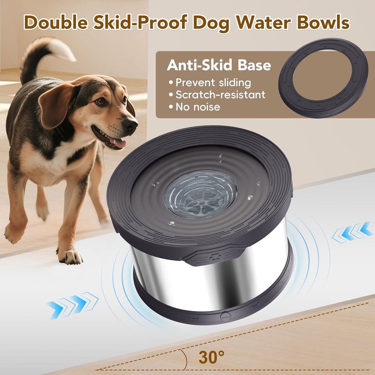 UPSKY Dog Water Bowl No Spill 8L Stainless Steel, 2.1 Gallon Large Capacity Spill-Proof Dog Bowls, Non-Slip Slow Drinking Anti-Splash Bowl for Large Messy Drinkers, No Mess Indoor/Outdoor Use, Gray