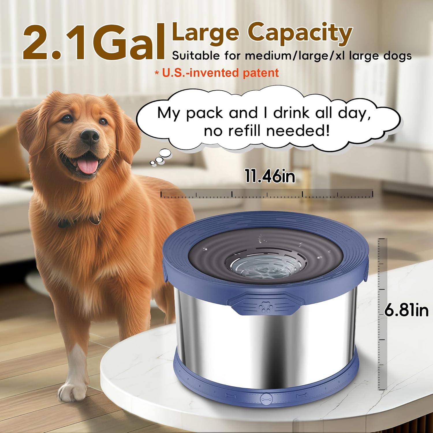 UPSKY Dog Water Bowl No Spill 8L Stainless Steel, 2.1 Gallon Large Capacity Spill-Proof Dog Bowls, Non-Slip Slow Drinking Anti-Splash Bowl for Large Messy Drinkers, No Mess Indoor/Outdoor Use, Blue