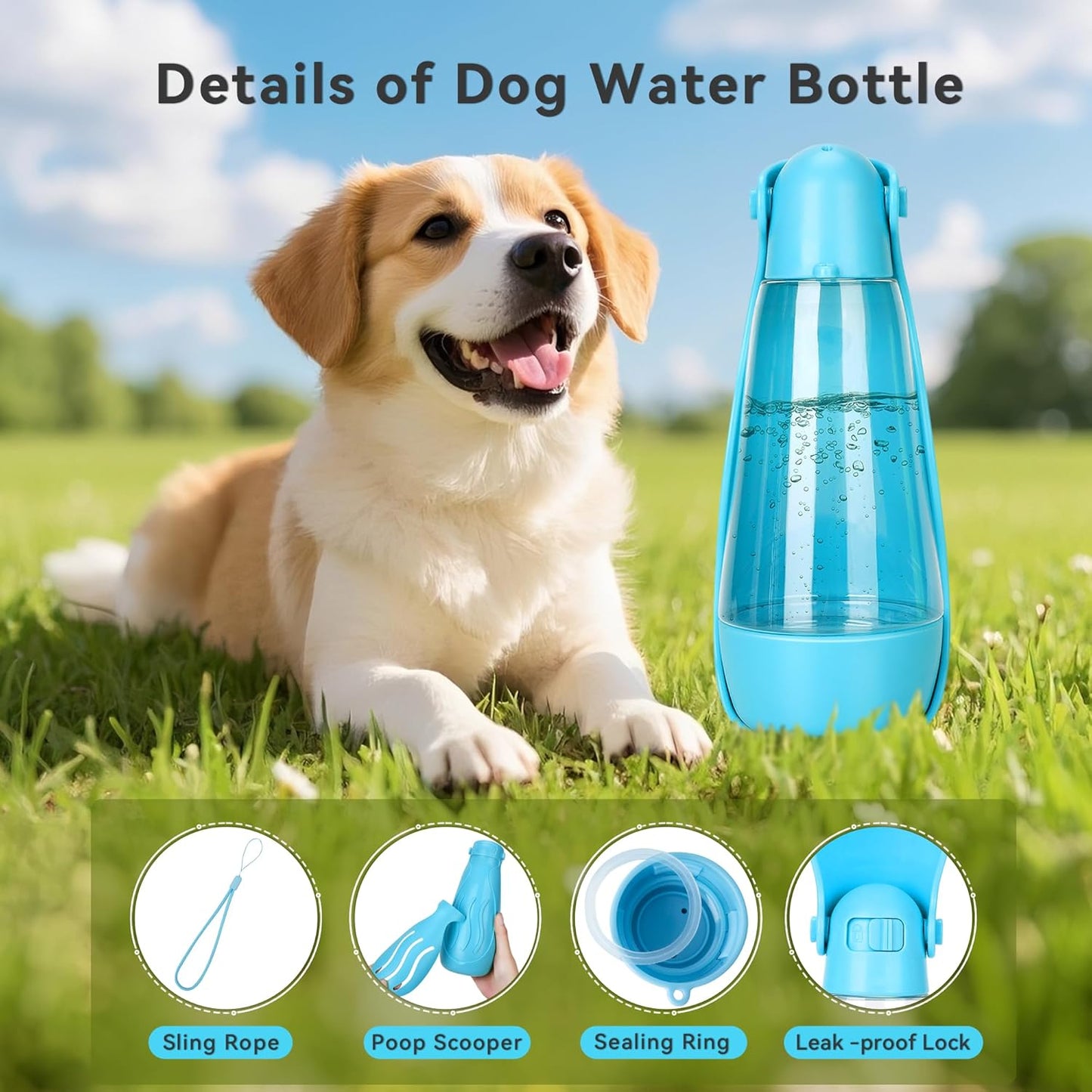 UPSKY Dog Water Bottle | Portable & Foldable Dog Water Bottle | 3-in-1 Portable Pet Water Dispenser with Food Container & Poop Scooper for Outdoor Walking, Hiking & Travel,14.2oz(Blue)