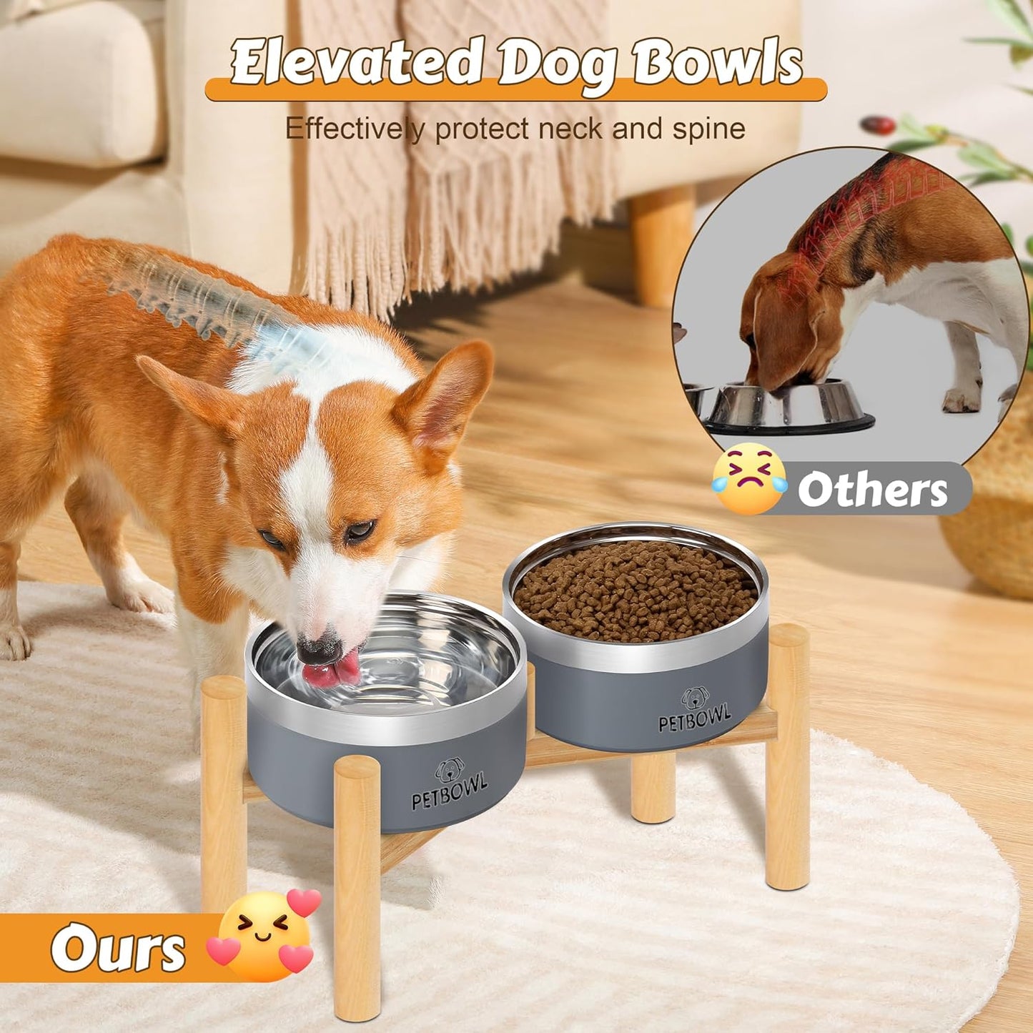 UPSKY Elevated Dog Bowls – 27oz Stainless Steel Anti-Spill Set with Wooden Stand, Double Raised Bowls for Small/Medium Dogs to Reduce Neck Strain & Improve Digestion