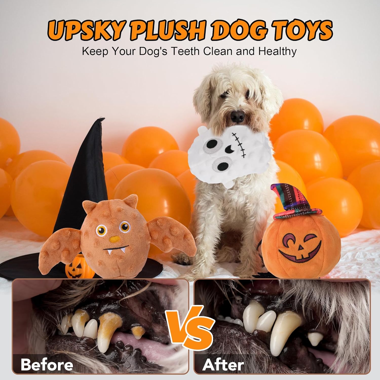 UPSKY Halloween Dog Toys Set, Plush Dog Squeaky Toys with Crinkle Paper for Small Medium Dog, 3 Pack Interactive Dog Chew Toys with Clean Teeth, Stuffed Puppy Toys to Keep Them Busy