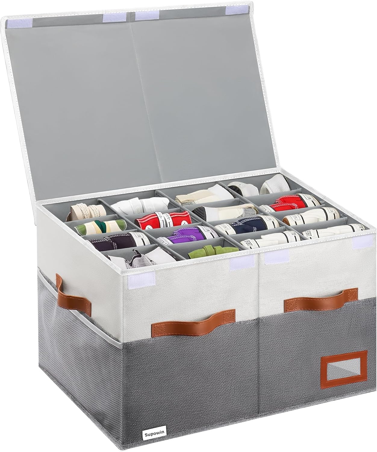 Supowin Large Shoe Organizer for Closet, Foldable Shoe Storage Bin with Lid | 16-Pair Shoe Storage for Sneakers, Boots & Heels with Adjustable Dividers, Reinforced Handles, Space Saving Closet Storage