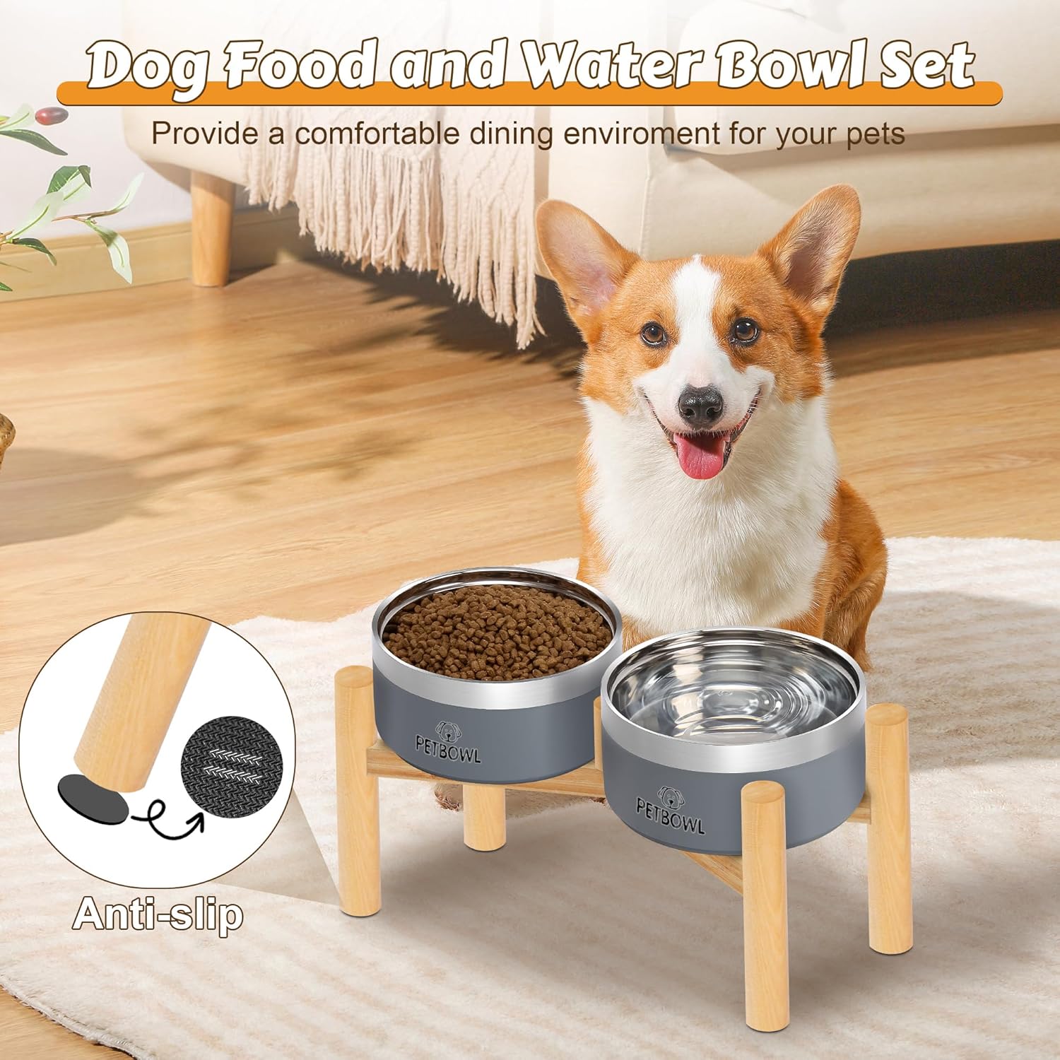 UPSKY Elevated Dog Bowls – 27oz Stainless Steel Anti-Spill Set with Wooden Stand, Double Raised Bowls for Small/Medium Dogs to Reduce Neck Strain & Improve Digestion
