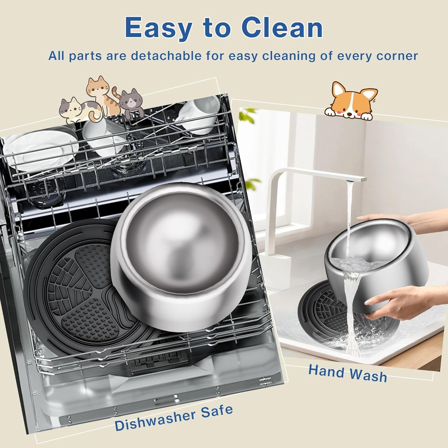 304 Stainless Steel Dog Bowls, Heavy Duty Dog and Cat Food Bowls with Extra Strong Non-Slip Mat, Thick Metal Base Water Bowl with Lick Mat for Cats and Small Dogs, Indoor/Outdoor (8.5 oz)