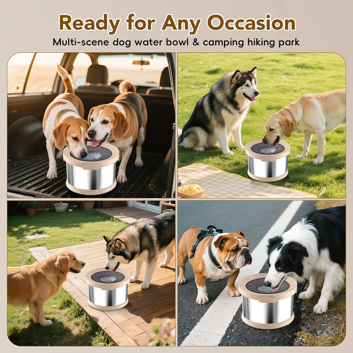 UPSKY Dog Water Bowl No Spill 10L Stainless Steel, 2.6 Gallon Large Capacity Spill-Proof Dog Bowls, Non-Slip Slow Drinking Anti-Splash Bowl for Large Messy Drinkers, No Mess Indoor/Outdoor Use, Beige